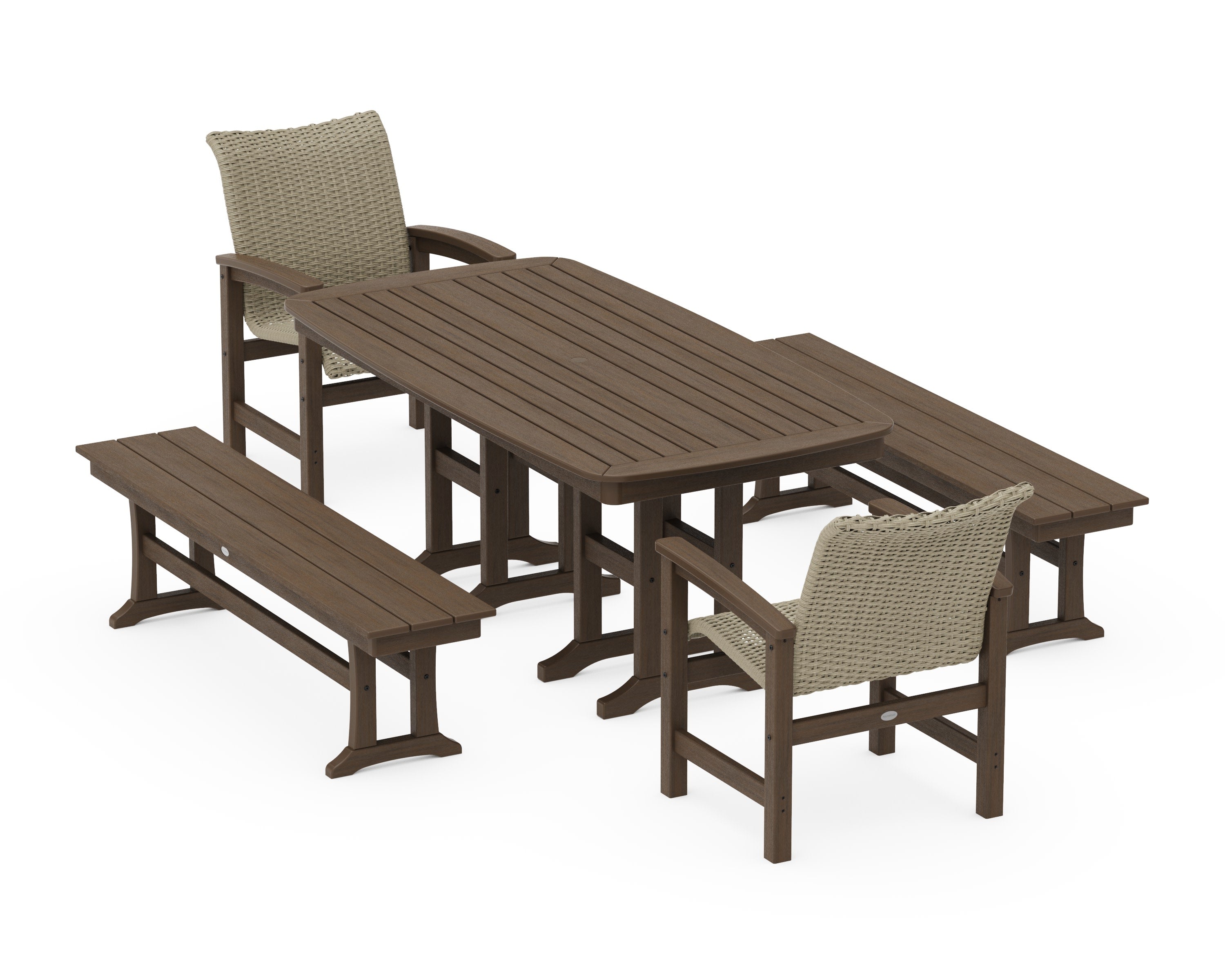 Coastal Woven 5-Piece Dining Set with Benches in Kona / Dune Grass