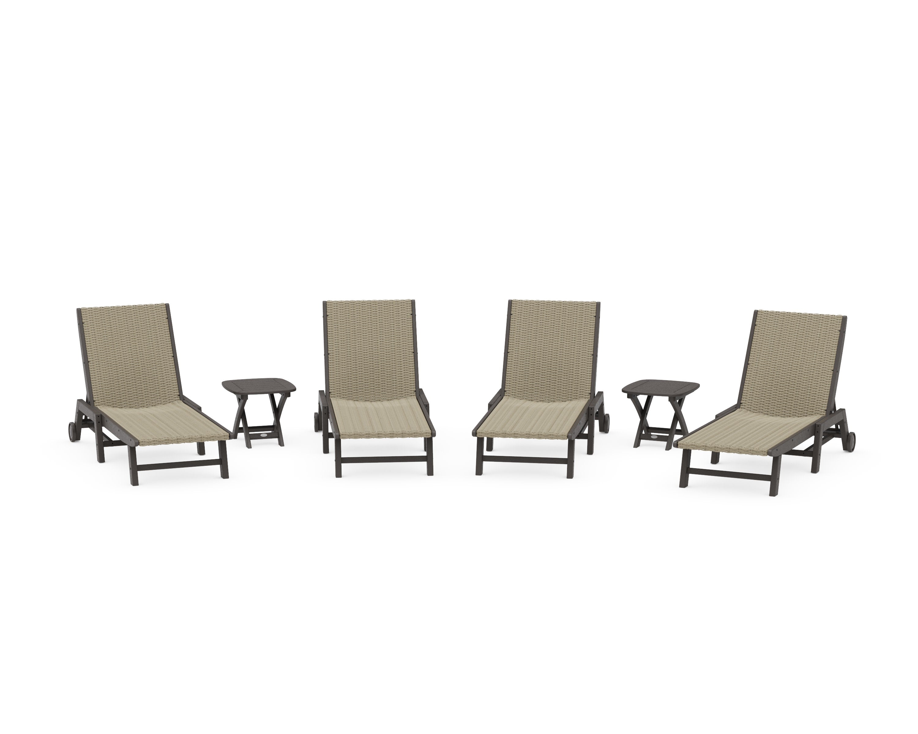 6- Piece Coastal Woven Chaise with Wheels Chaise Lounge Set in Vintage Coffee / Dune Grass