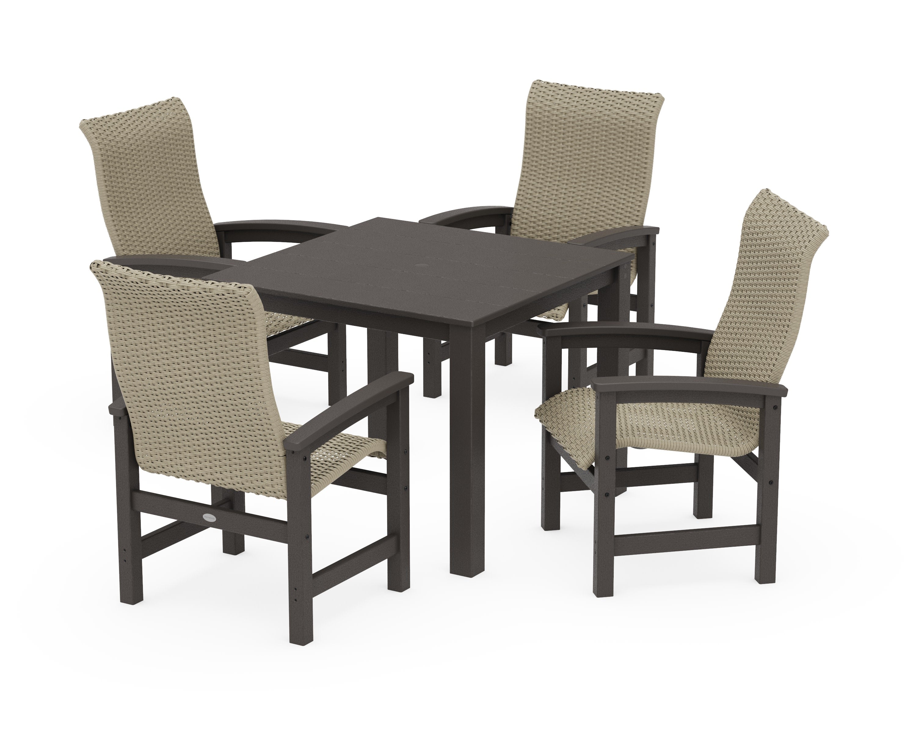 Coastal Woven High-Back 5-Piece Parsons Dining Set in Vintage Coffee / Dune Grass