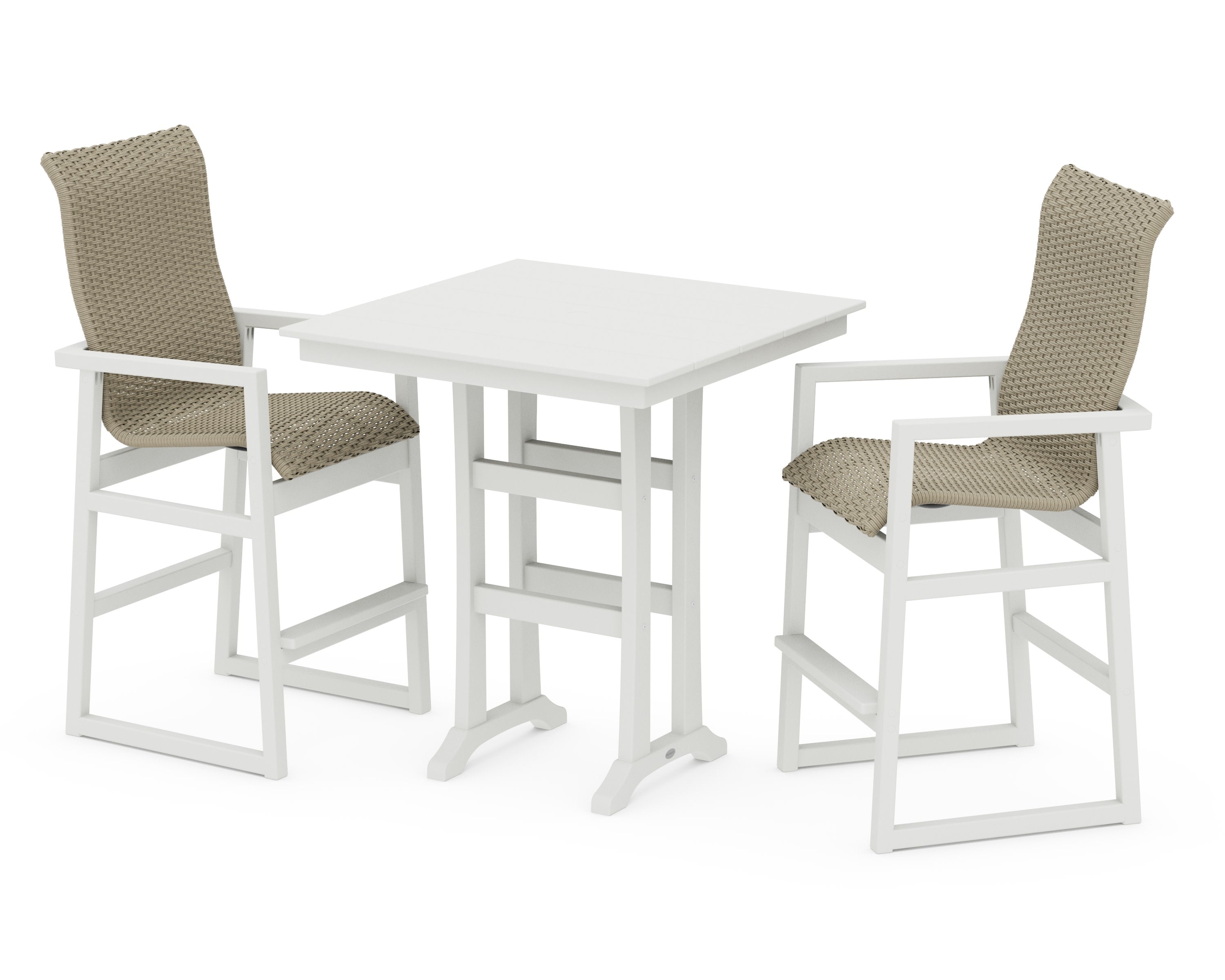 EDGE Woven Highback 3-Piece Farmhouse Bar Set with Trestle Legs in White / Dune Grass