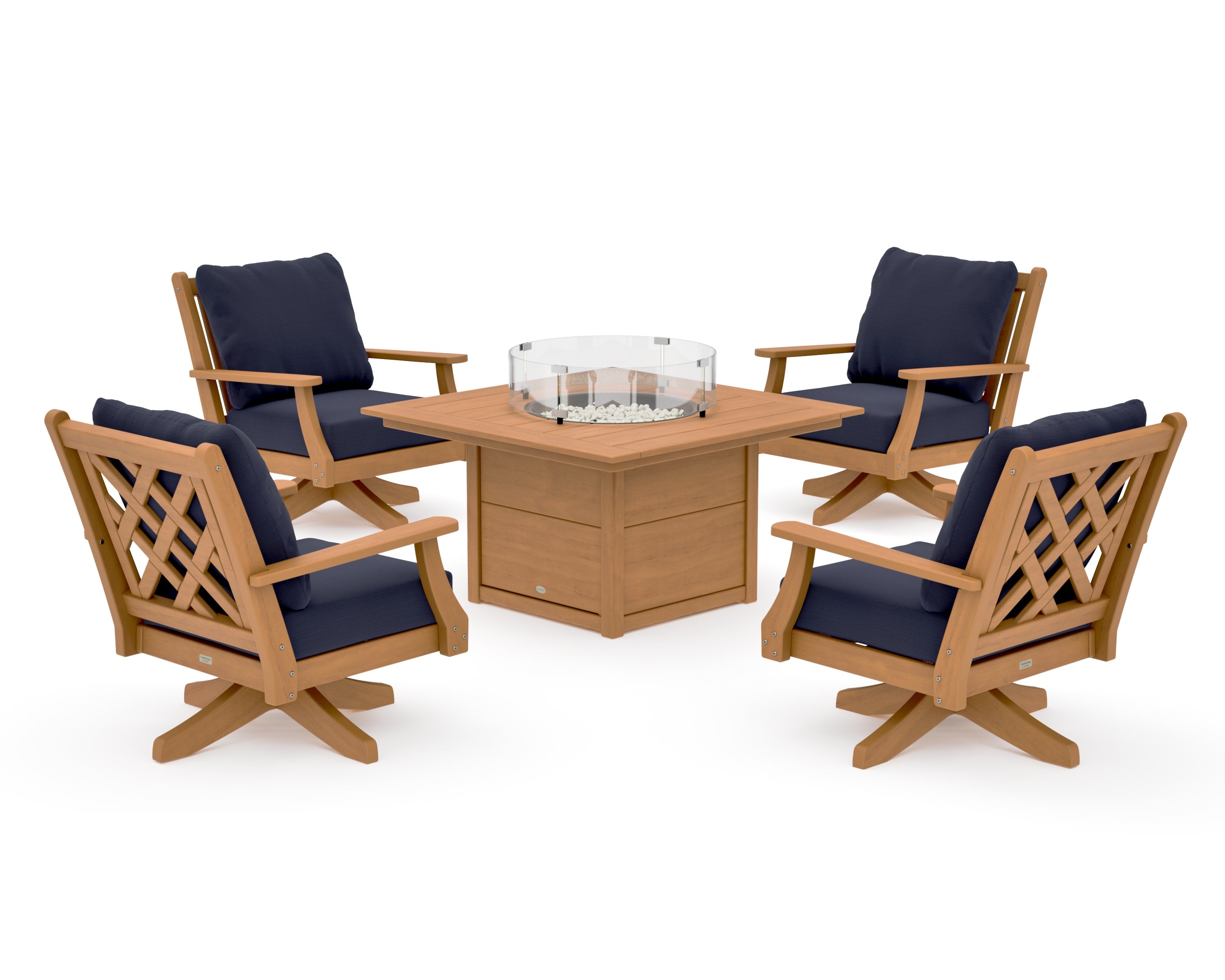 Wovendale 5-Piece Deep Seating Swivel Conversation Set with Fire Pit Table in Natural / Navy Linen