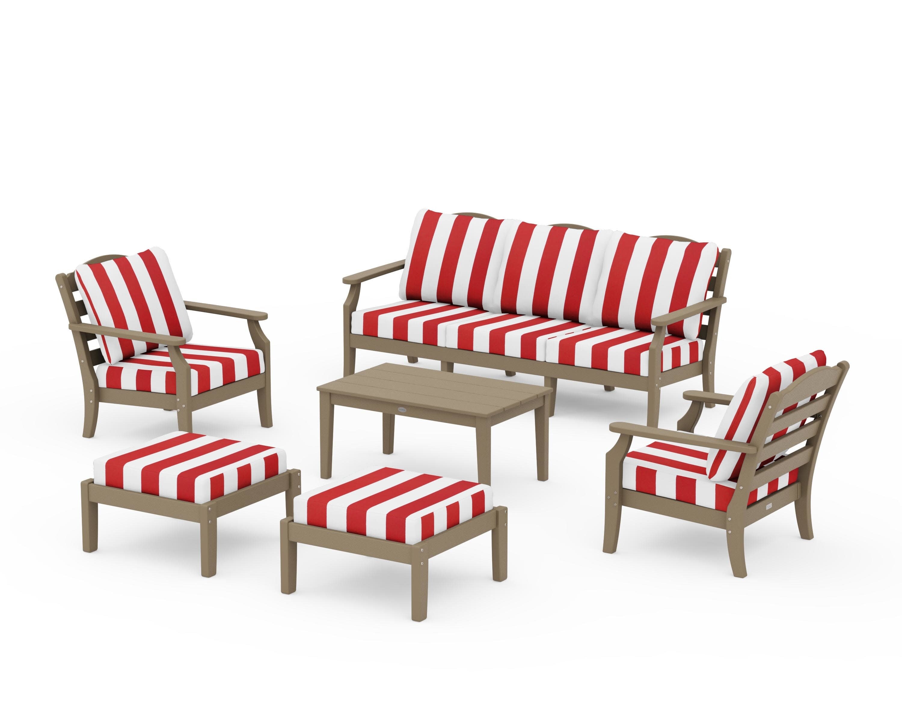 Savannah 6-Piece Lounge Sofa Set in Vintage Sahara / Cabana Stripe Crimson