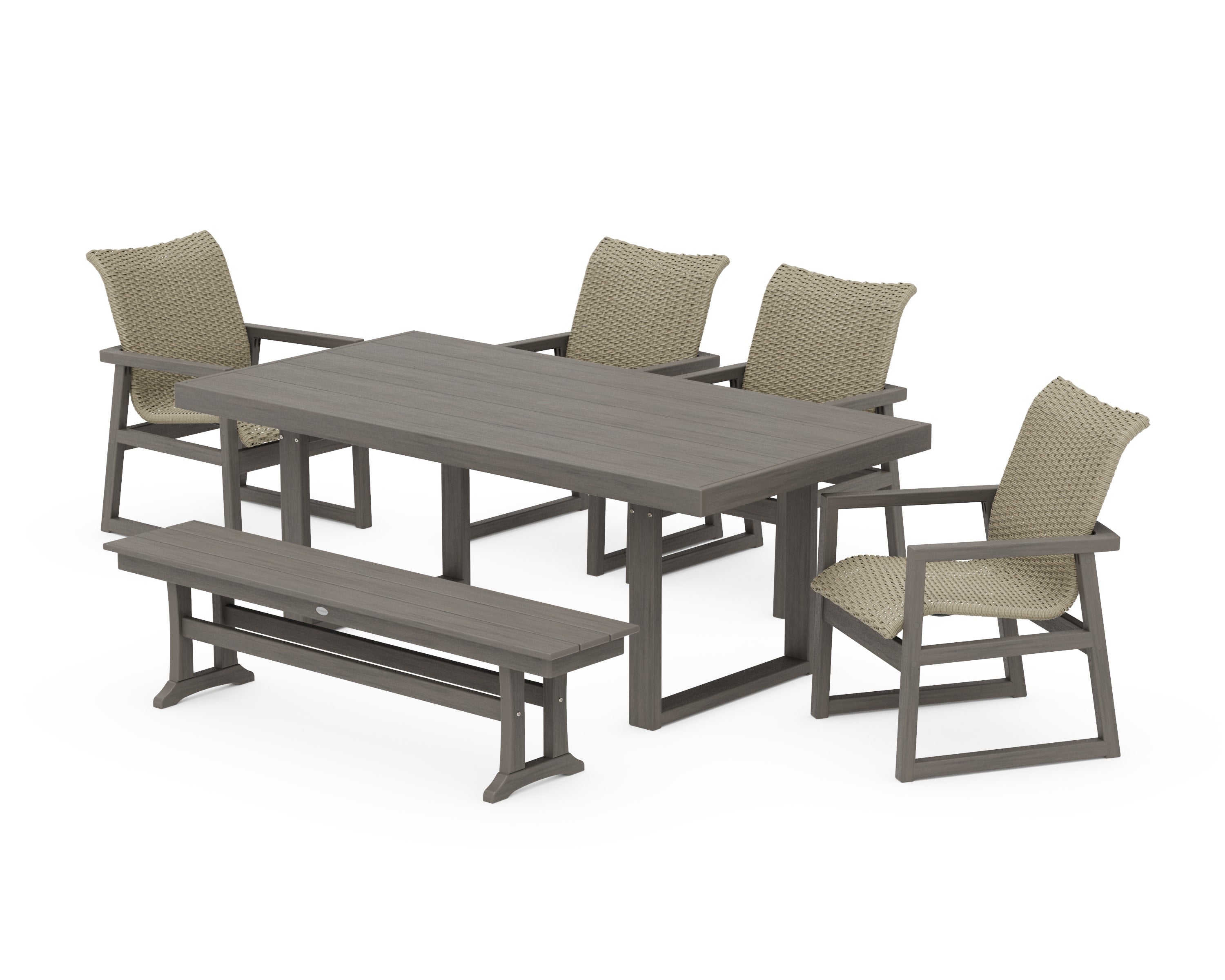 EDGE Woven 6-Piece Dining Set with Bench in Driftwood / Dune Grass
