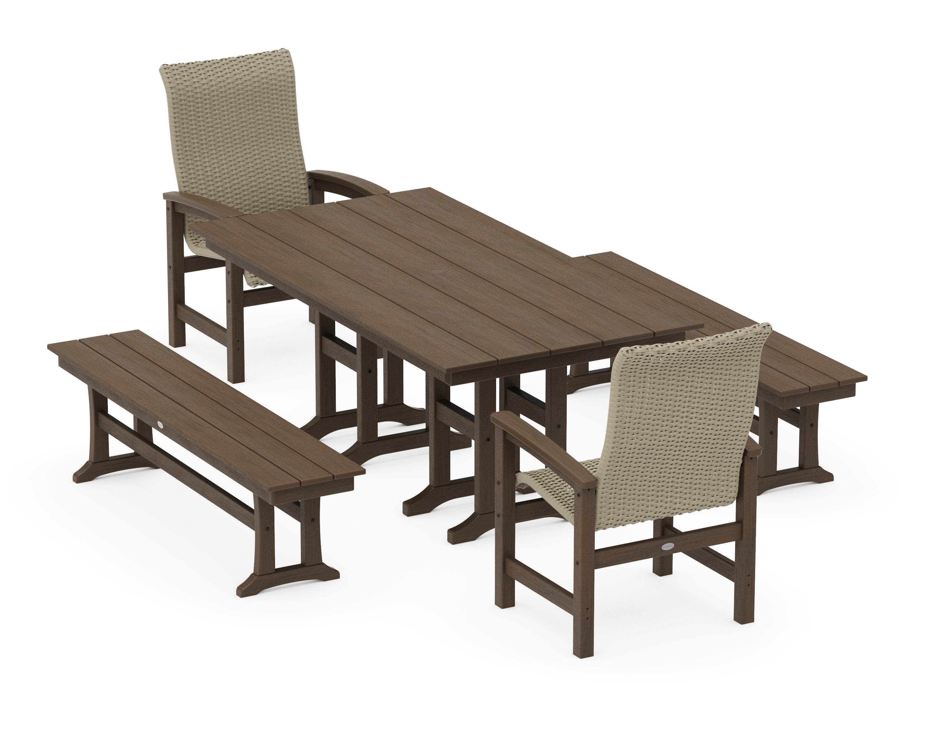 Coastal Woven High-Back 5-Piece Farmhouse Dining Set with Benches in Kona / Dune Grass