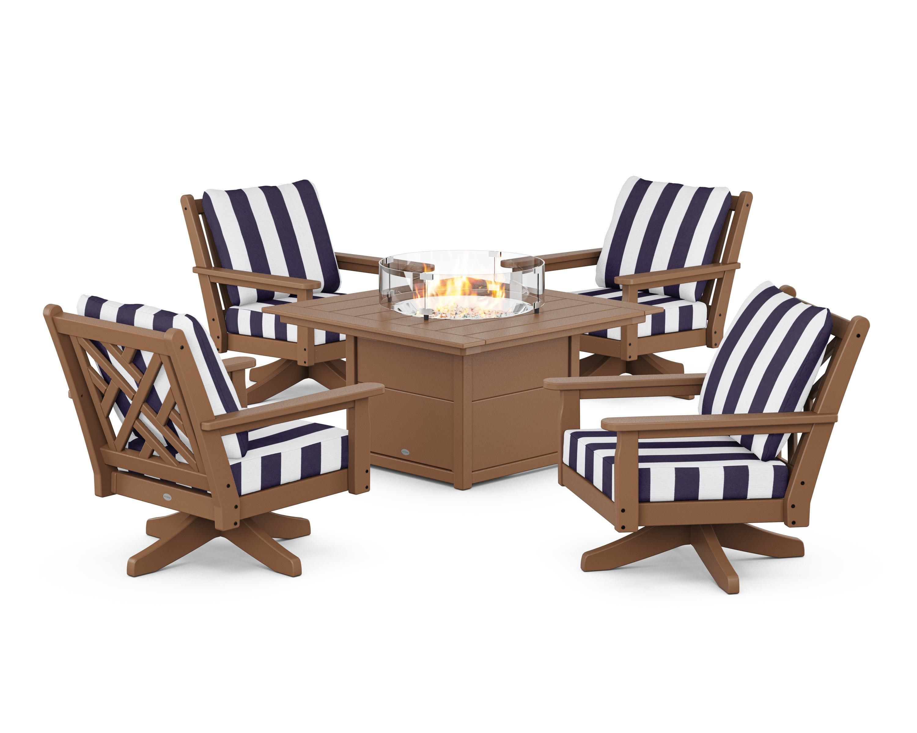 Chippendale 5-Piece Deep Seating Swivel Conversation Set with Fire Pit Table in Teak / Cabana Stripe Navy
