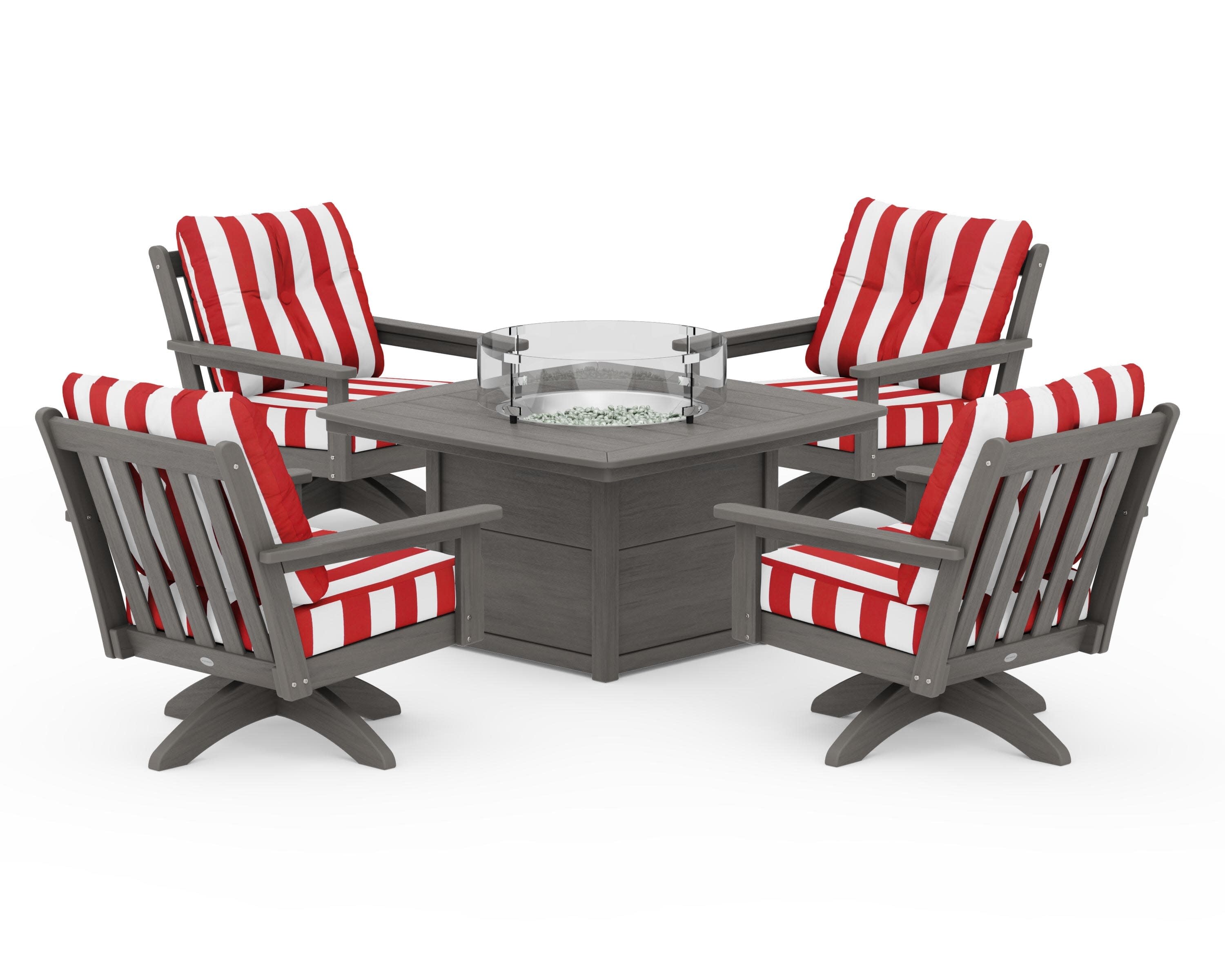 Vineyard 5-Piece Deep Seating Swivel Conversation Set with Fire Pit Table in Driftwood / Cabana Stripe Crimson