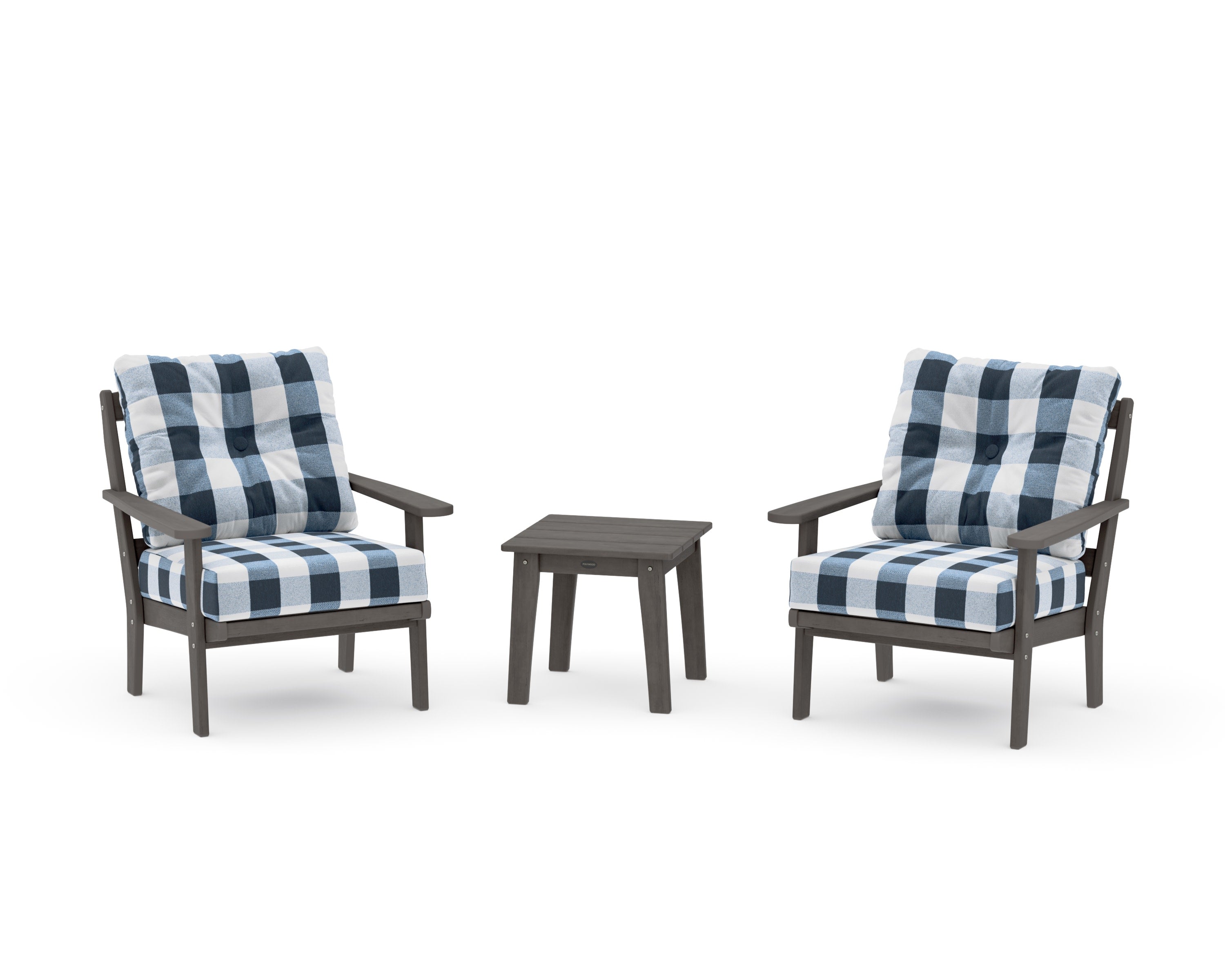 Mission 3-Piece Deep Seating Set in Driftwood / Buffalo Plaid Marine Indigo