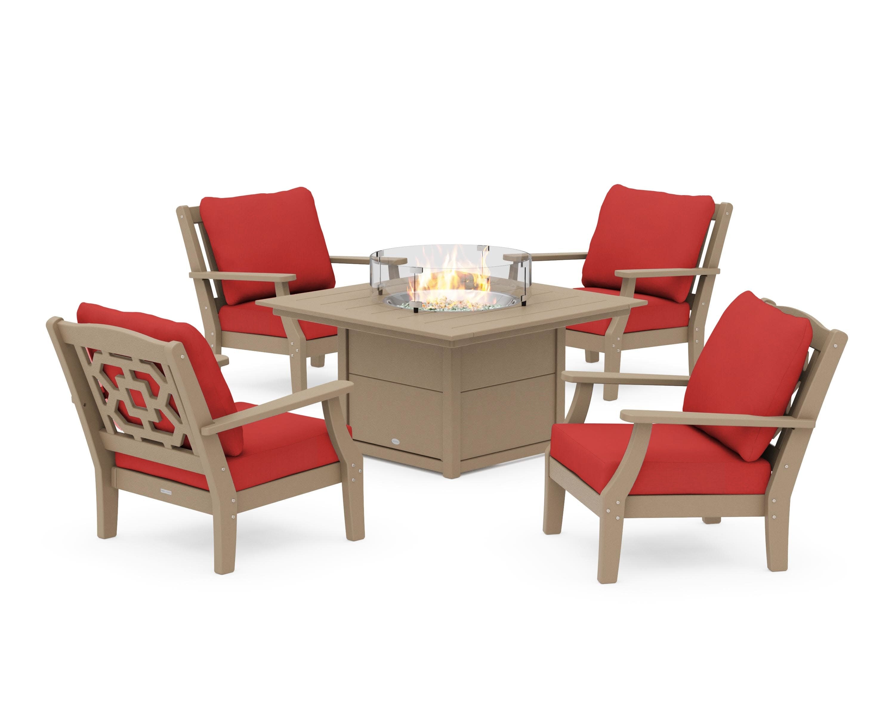 Chinoiserie 5-Piece Deep Seating Set with Fire Pit Table in Vintage Sahara / Crimson Linen