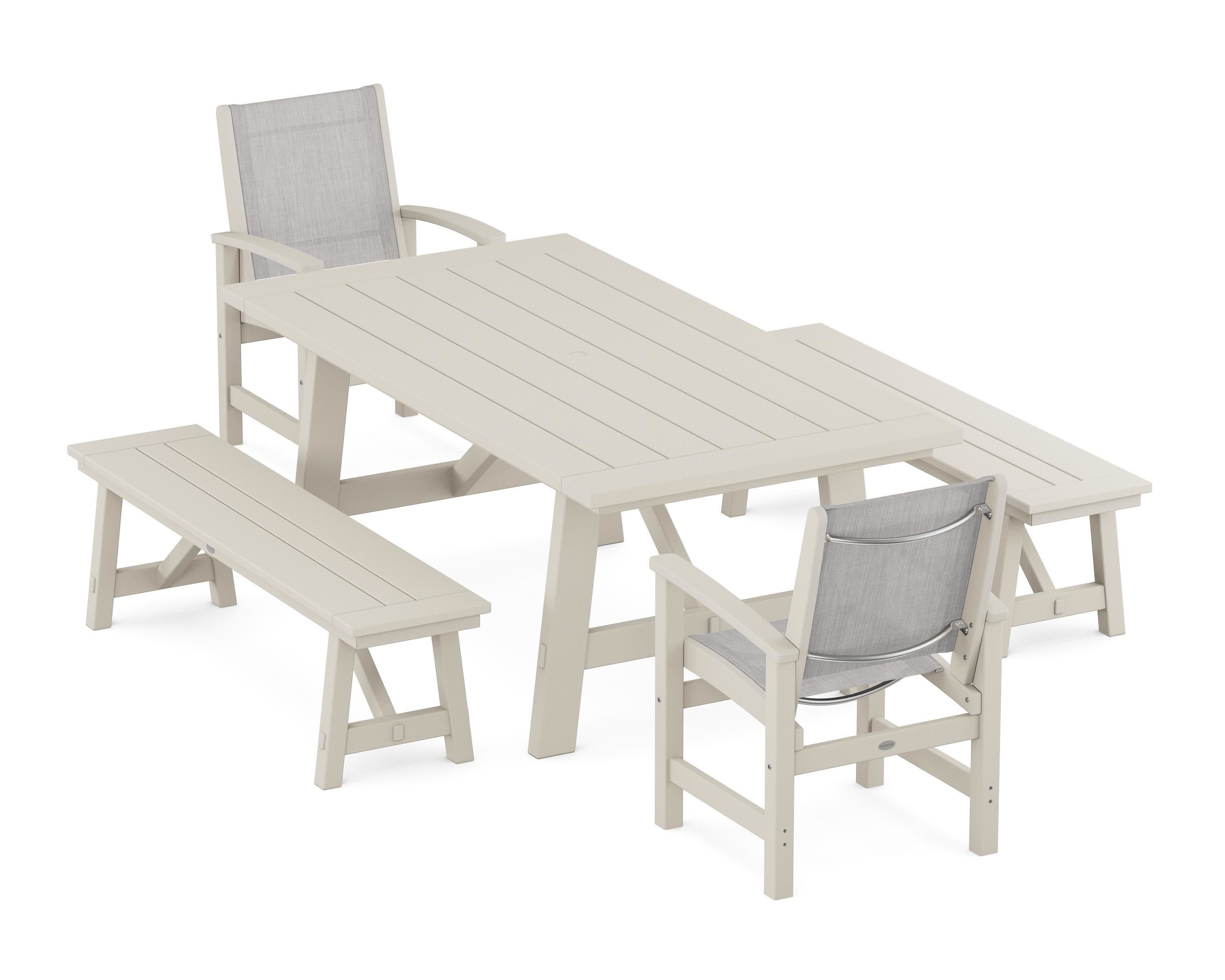 Coastal 5-Piece Rustic Farmhouse Dining Set With Benches in Sand / Parchment Sling