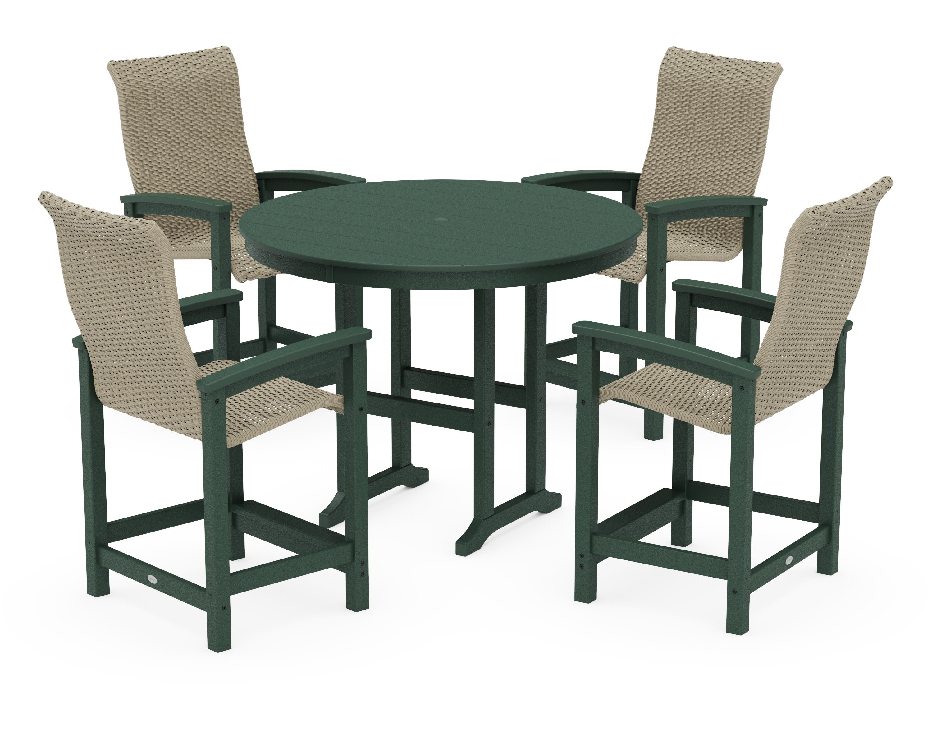 Coastal Woven High-Back 5-Piece Round Farmhouse Counter Set in Green / Dune Grass