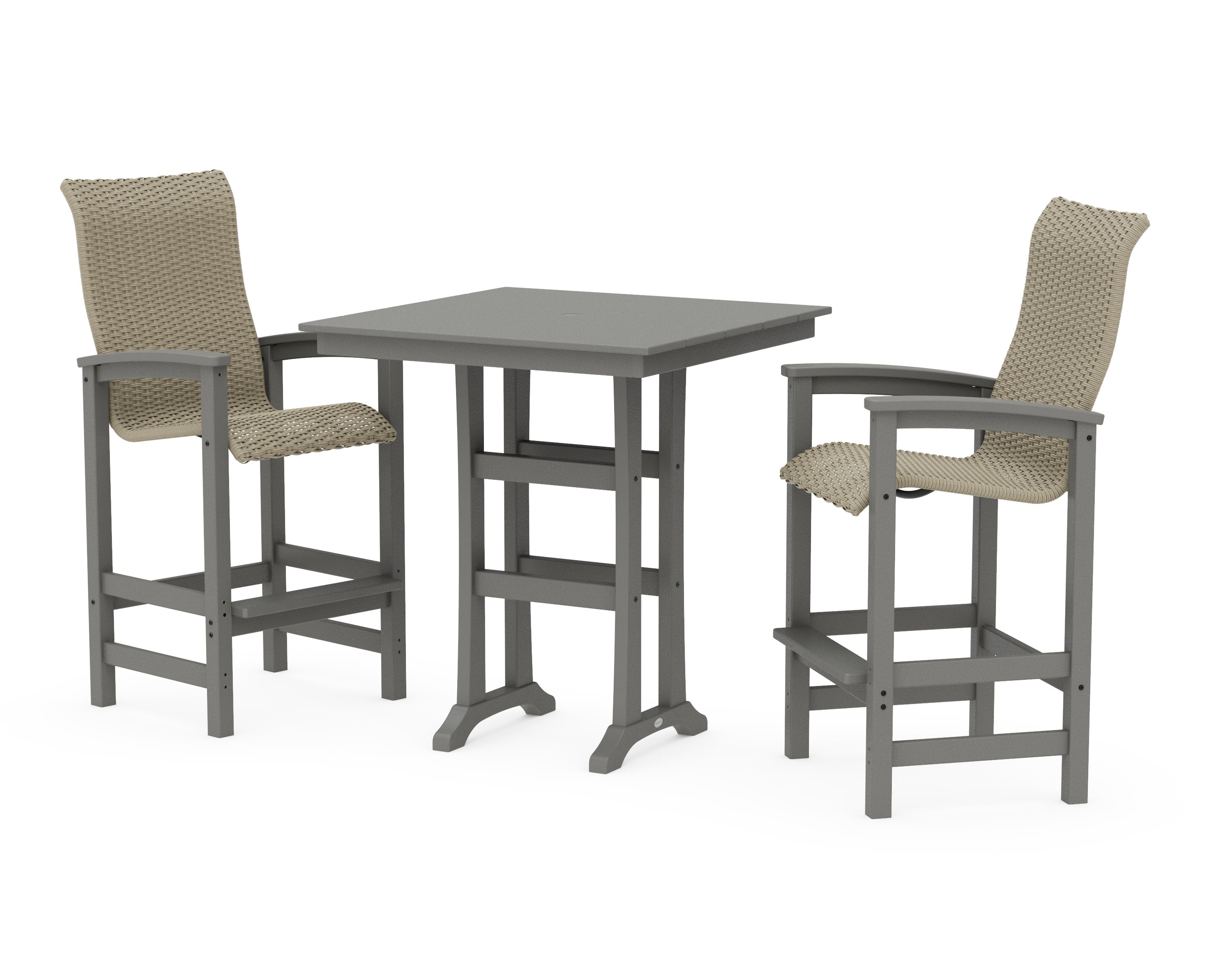 Coastal Woven High-Back 3-Piece Farmhouse Bar Set with Trestle Legs in Slate Grey / Dune Grass