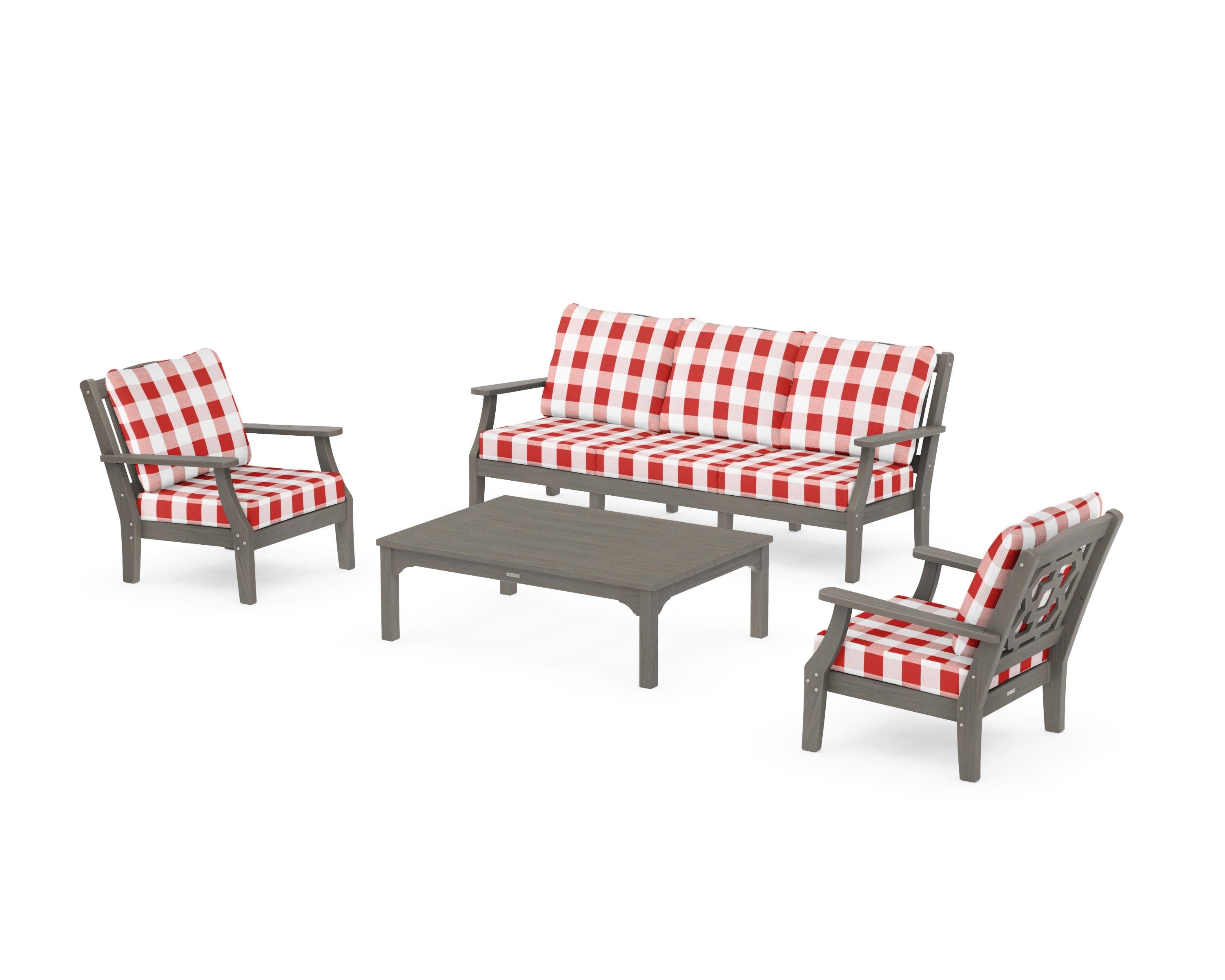 Chinoiserie 4-Piece Deep Seating Set with Sofa in Driftwood / Buffalo Plaid Crimson