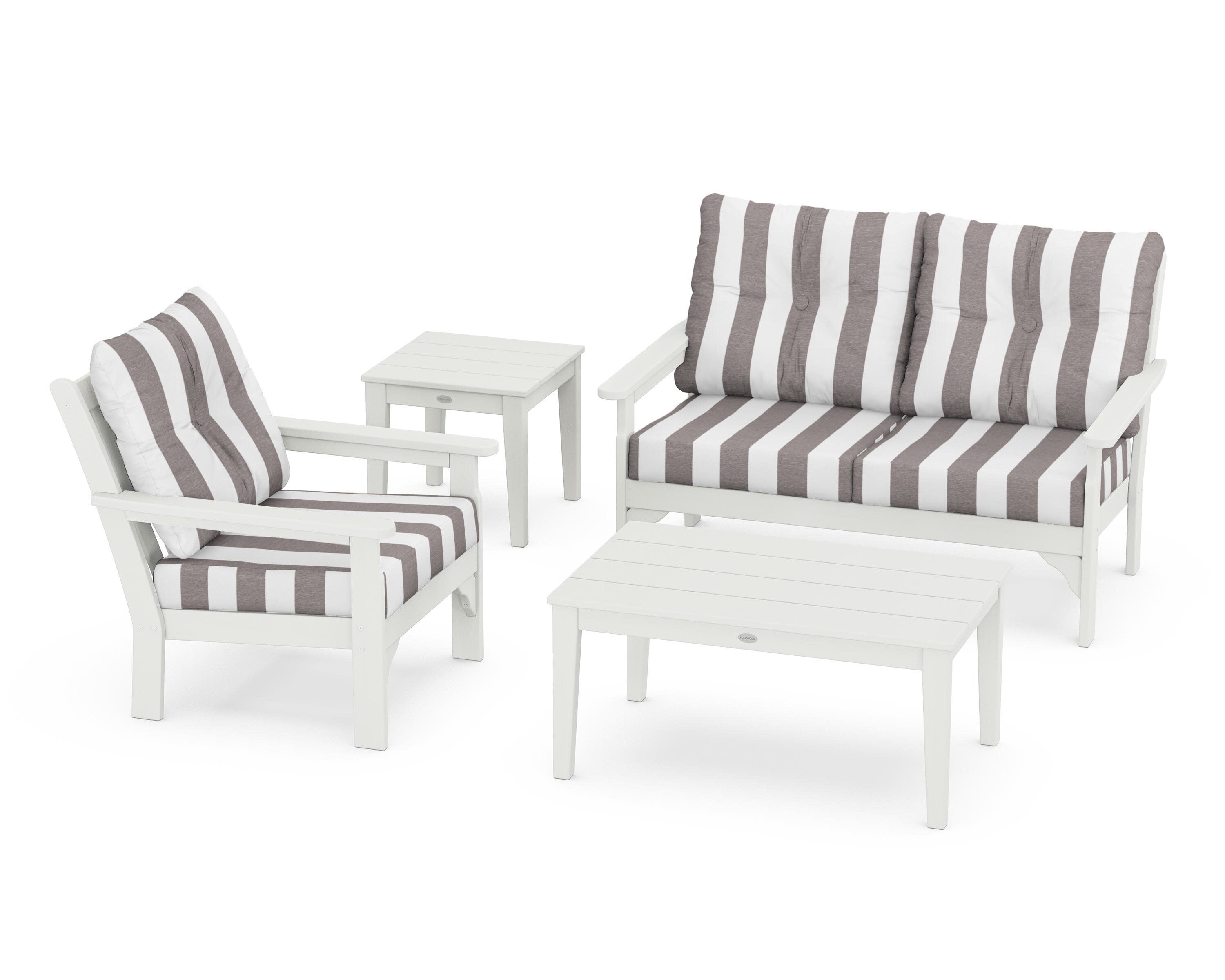 Vineyard 4-Piece Deep Seating Set in Vintage White / Cabana Stripe Grey Mist