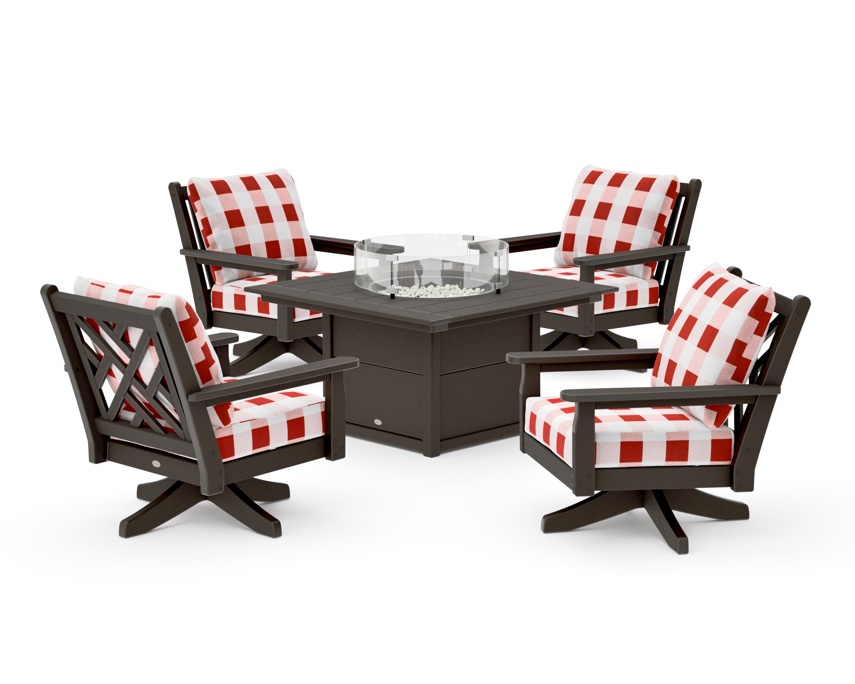 Chippendale 5-Piece Deep Seating Swivel Conversation Set with Fire Pit Table in Vintage Coffee / Buffalo Plaid Crimson