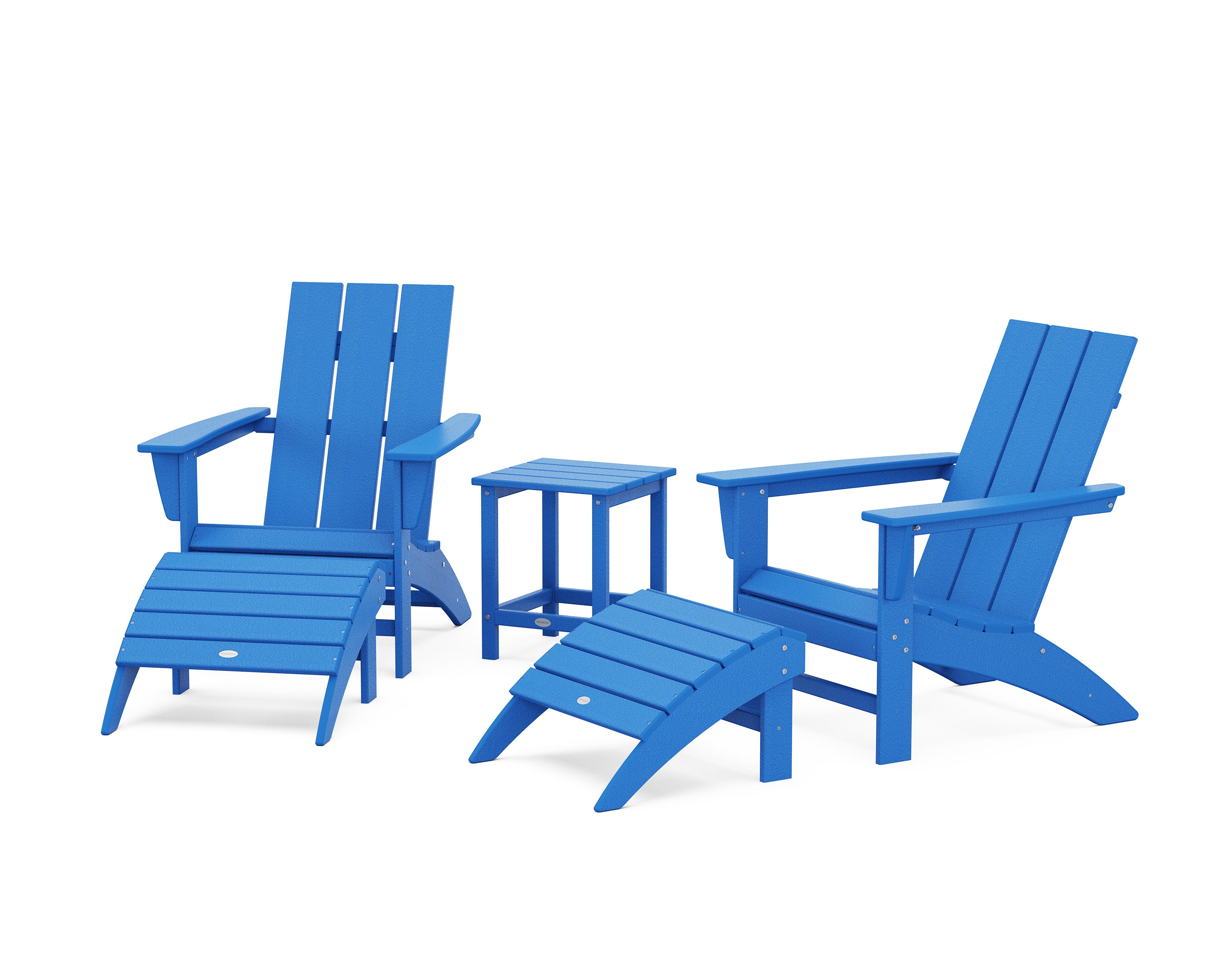Modern Adirondack Chair 5-Piece Set with Ottomans and 18" Side Table in Pacific Blue