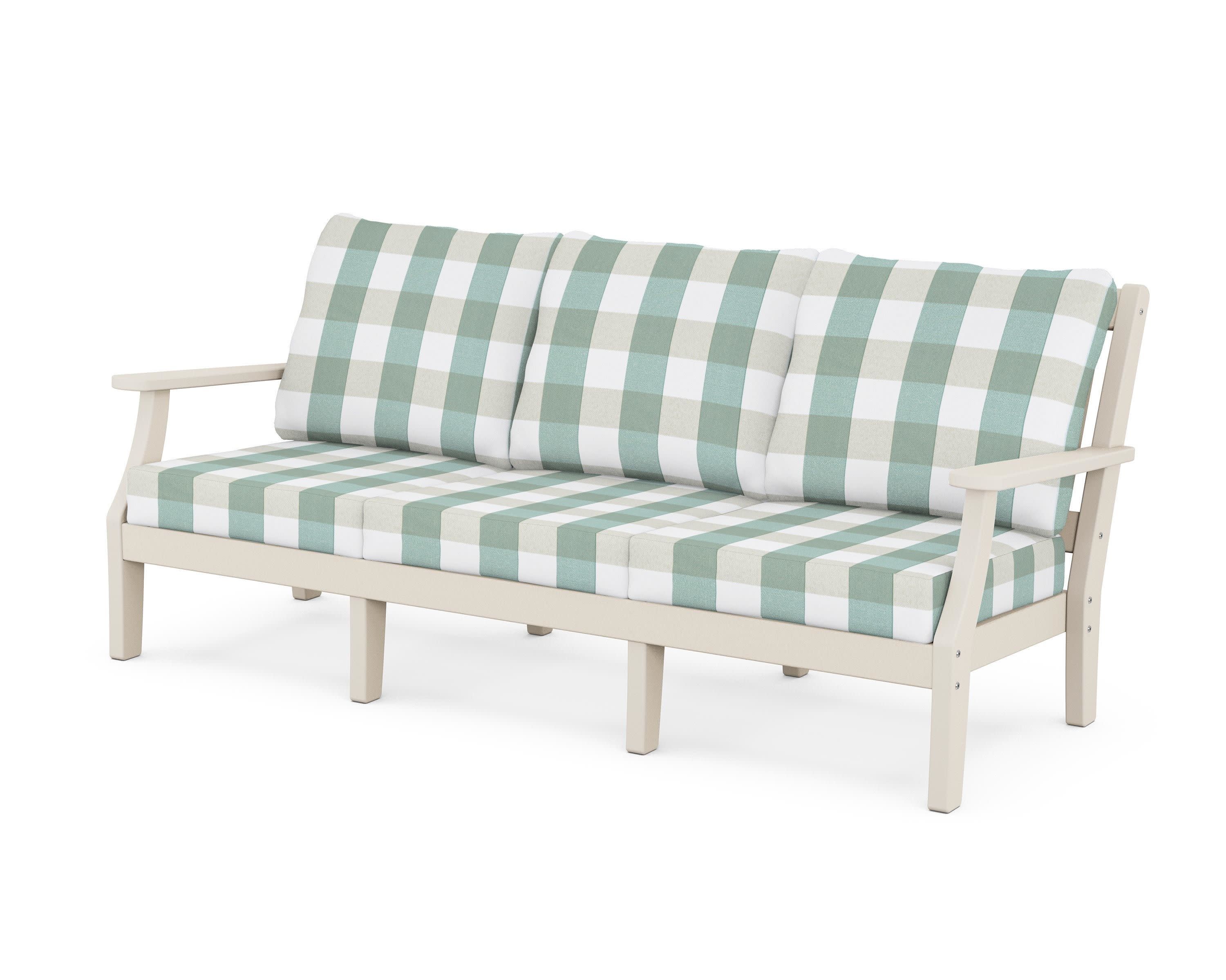 Chinoiserie Deep Seating Sofa in Sand / Buffalo Plaid Glacier Spa