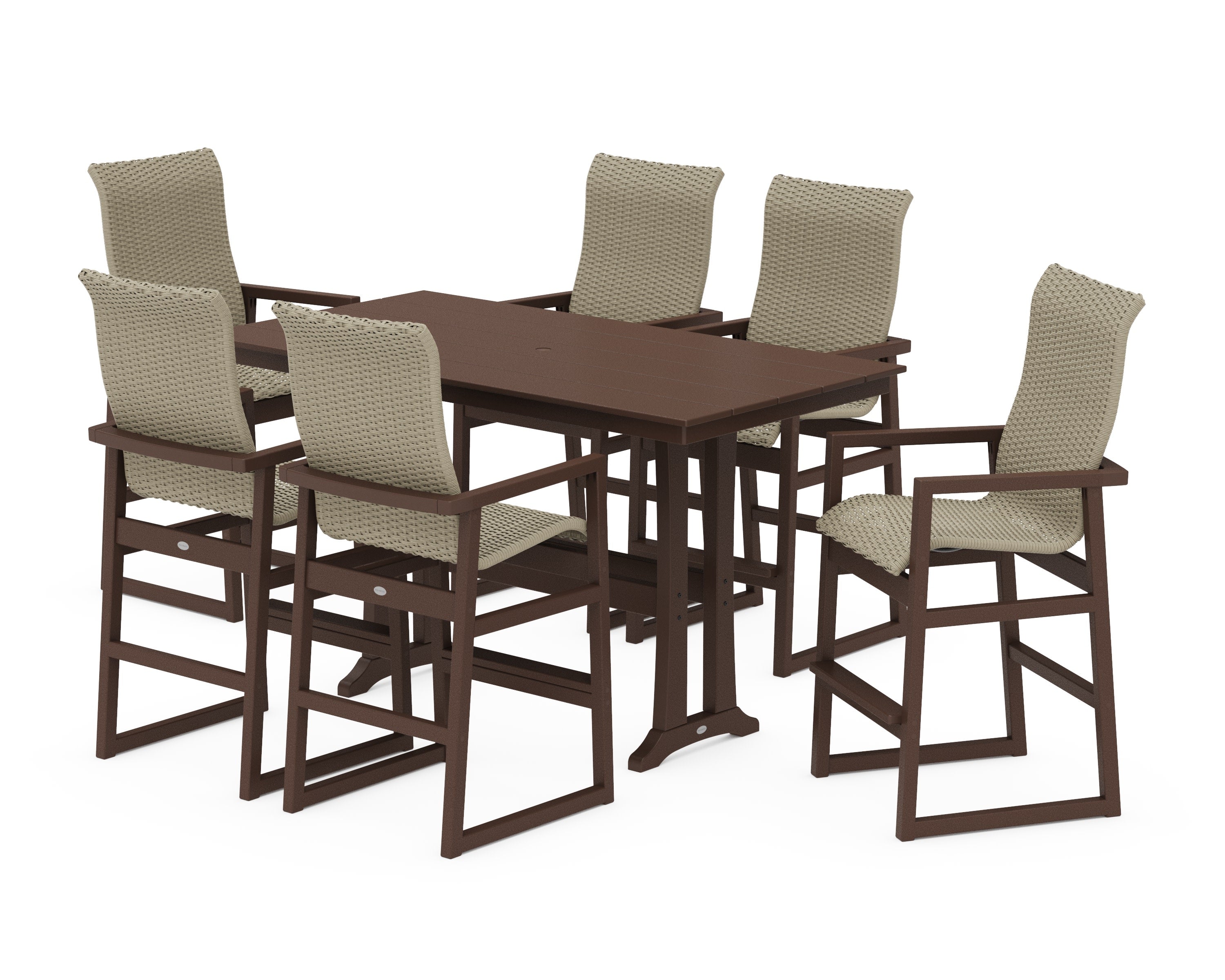 EDGE Woven Highback Arm Chair 7-Piece Farmhouse Bar Set with Trestle Legs in Mahogany / Dune Grass