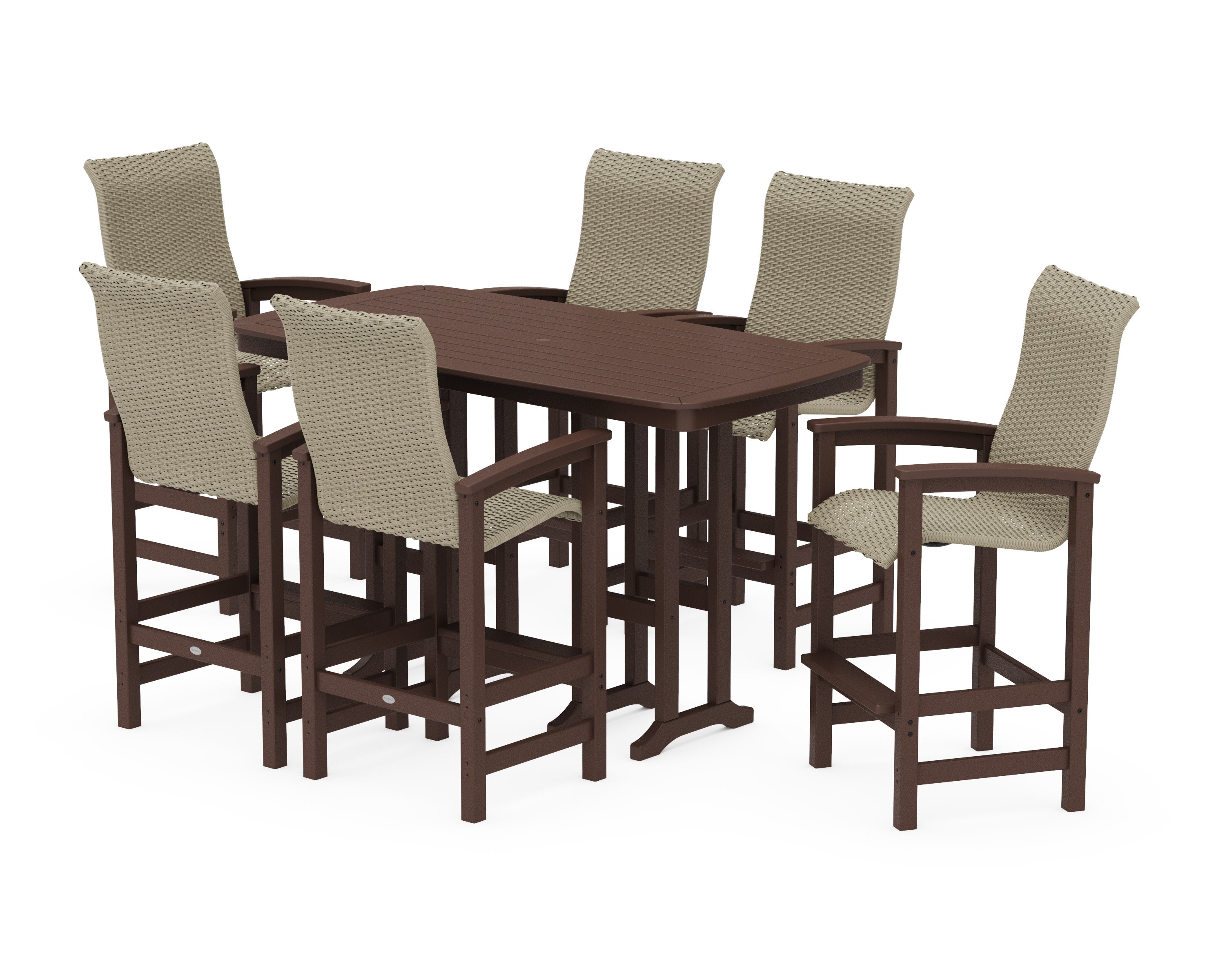 Coastal Woven High-Back Arm Chair 7-Piece Bar Set in Mahogany / Dune Grass