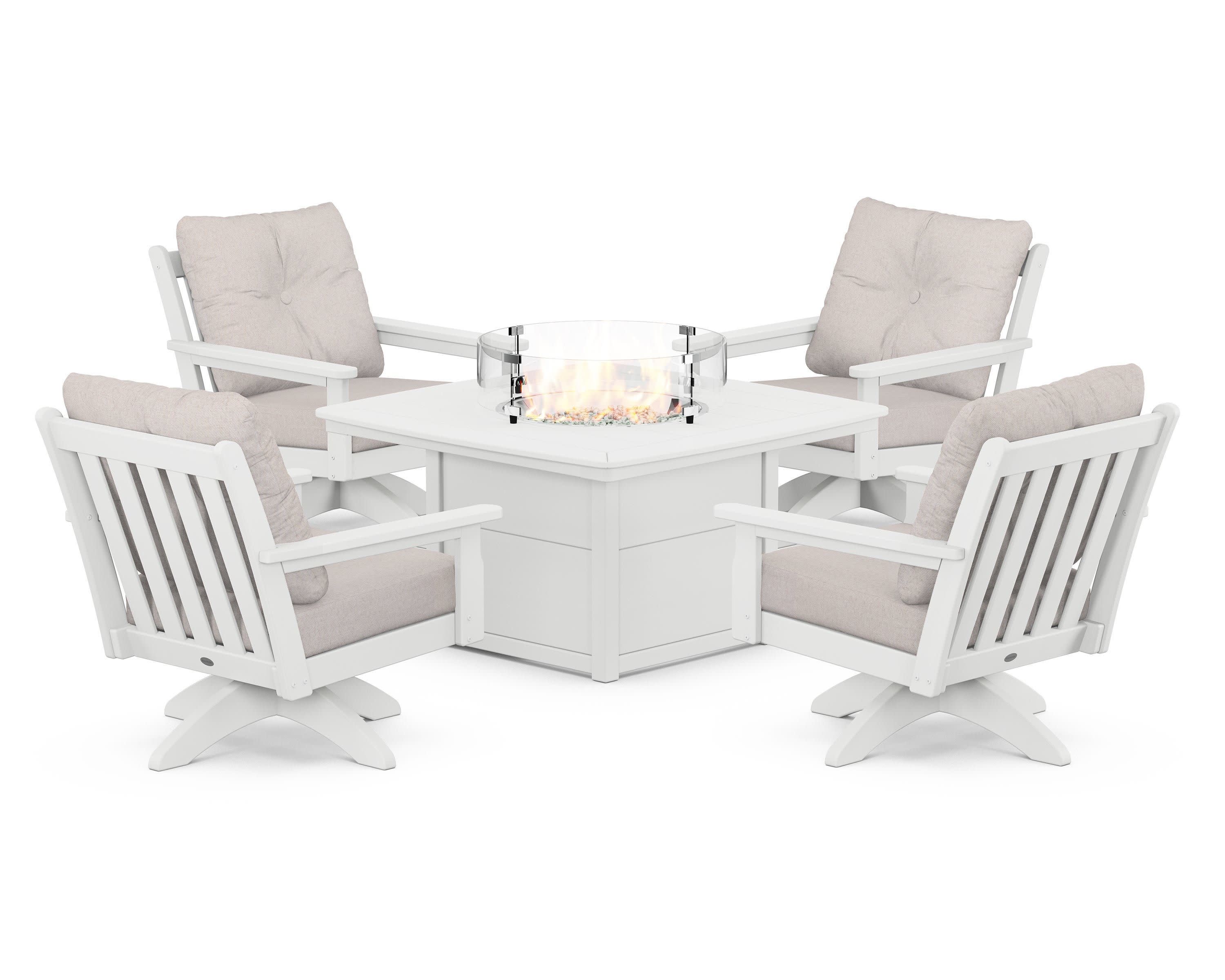 Vineyard 5-Piece Deep Seating Swivel Conversation Set with Fire Pit Table in White / Dune Burlap