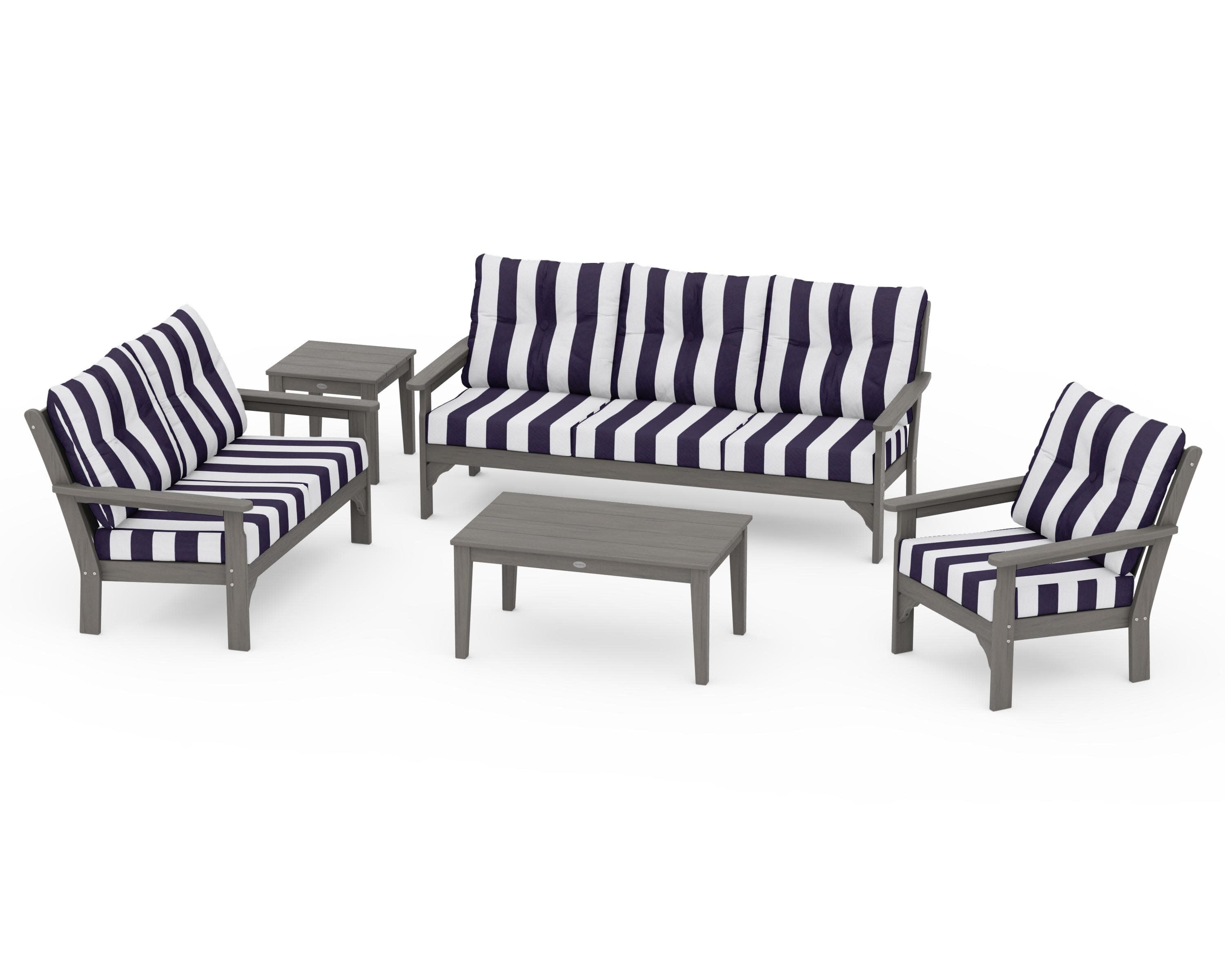 Vineyard 5 Piece Deep Seating Set in Driftwood / Cabana Stripe Navy