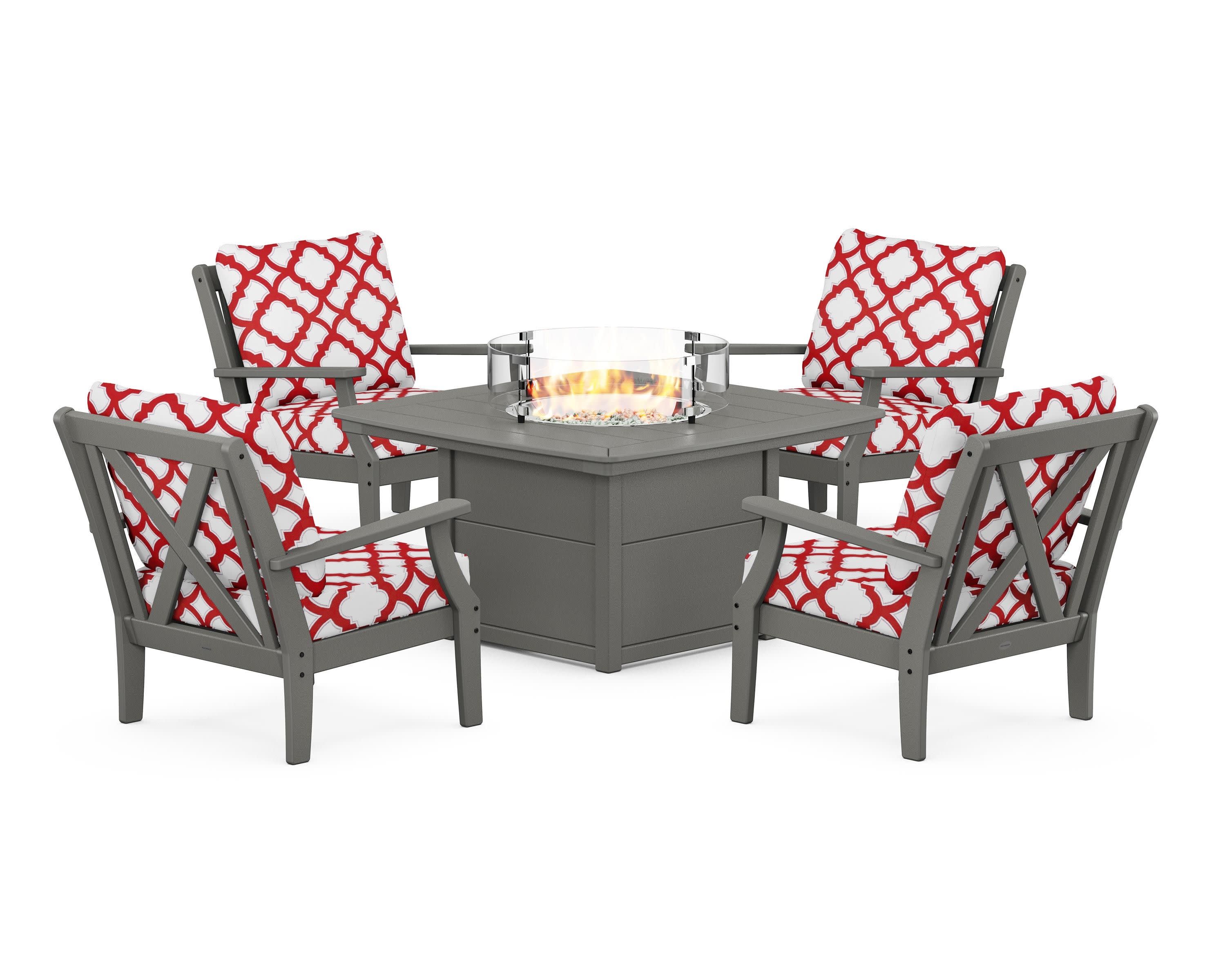 Braxton 5-Piece Deep Seating Conversation Set with Fire Pit Table in Slate Grey / Trellis Crimson