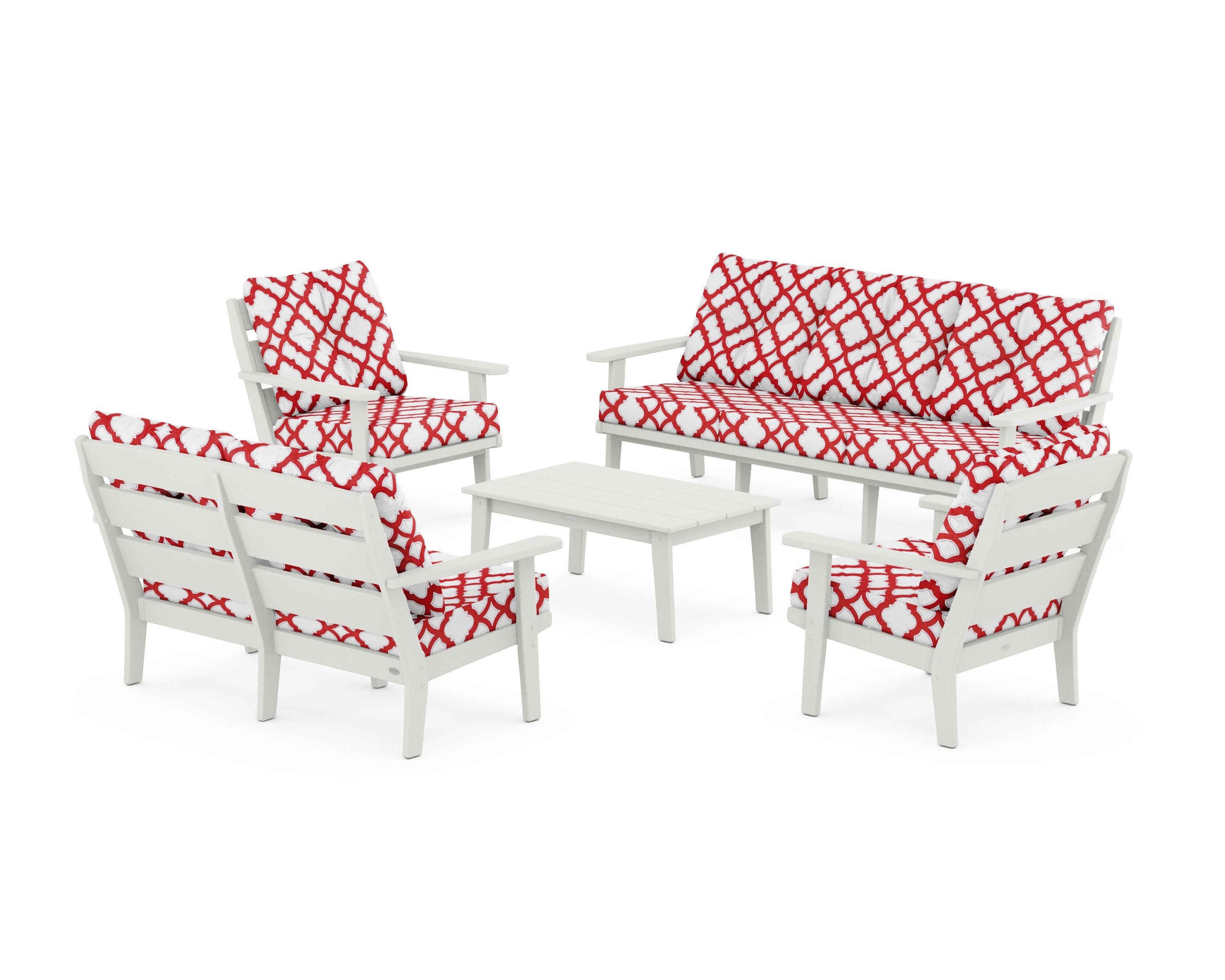 Lakeside 5-Piece Lounge Sofa Set in Vintage White / Trellis Crimson