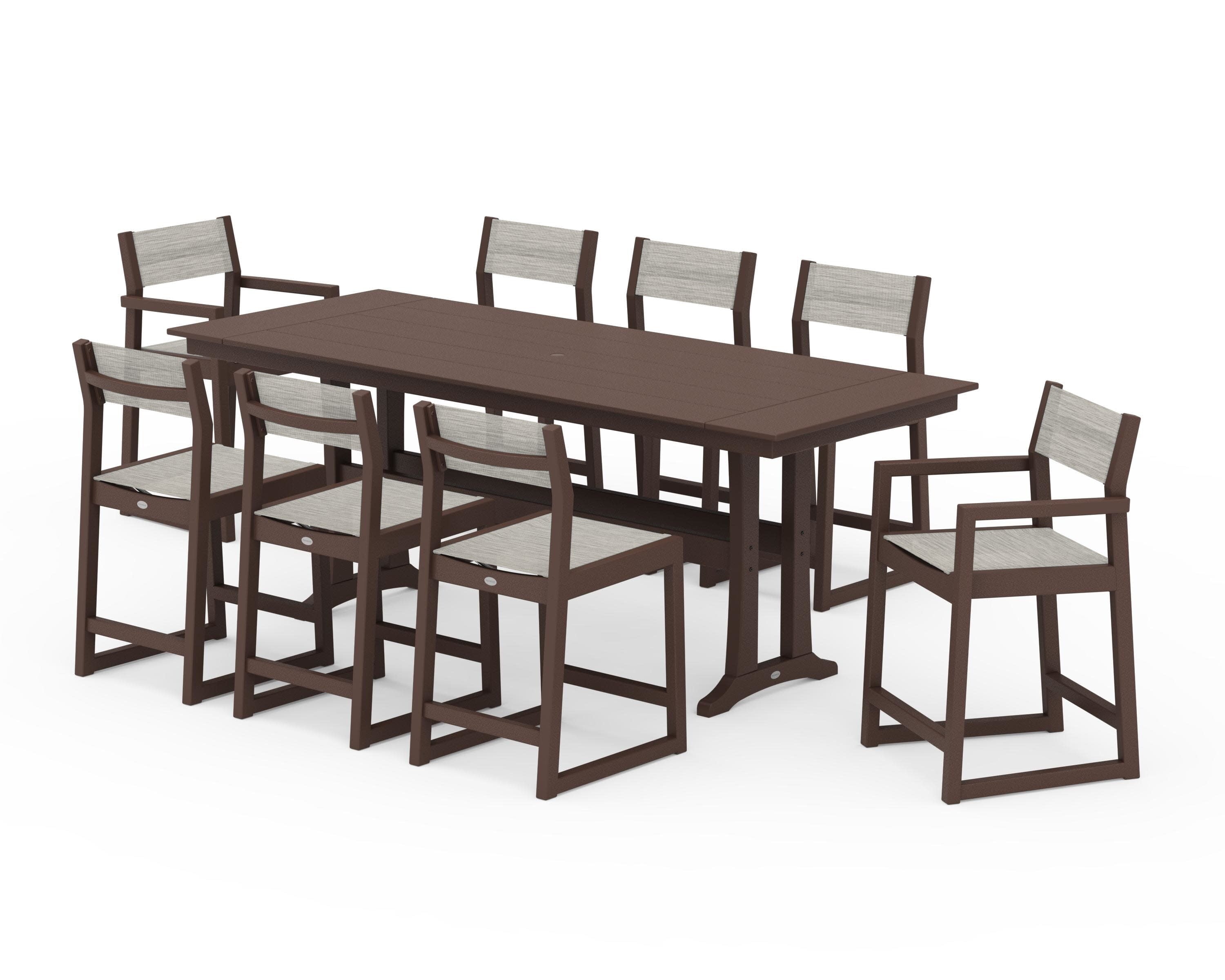 EDGE Sling 9-Piece Farmhouse Counter Set with Trestle Legs in Mahogany / Birch Sling