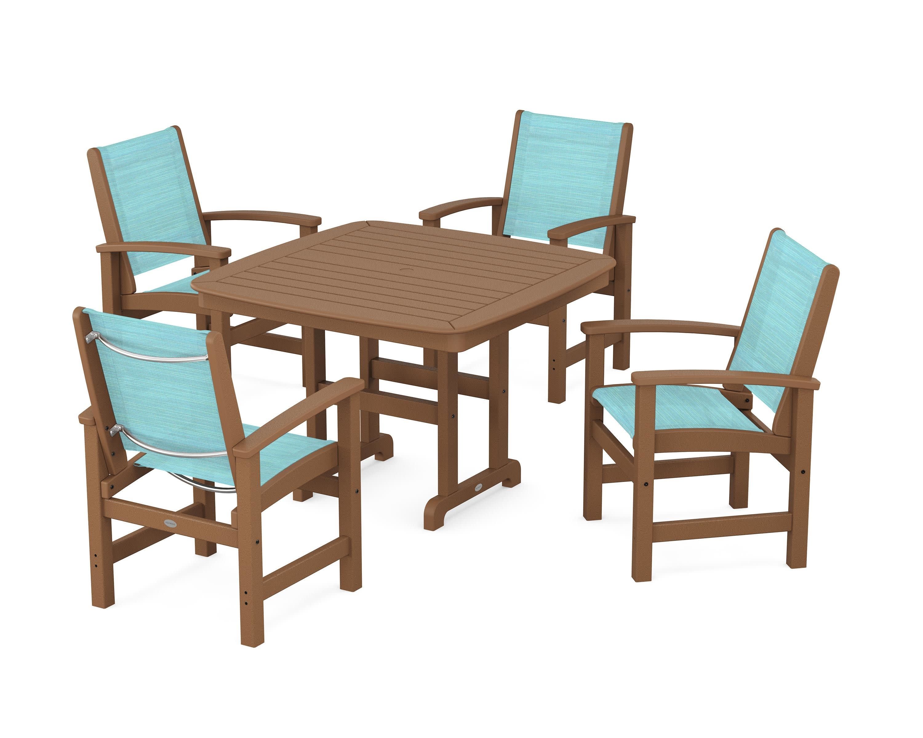 Coastal 5-Piece Dining Set in Teak / Dupioni Aquamarine Sling