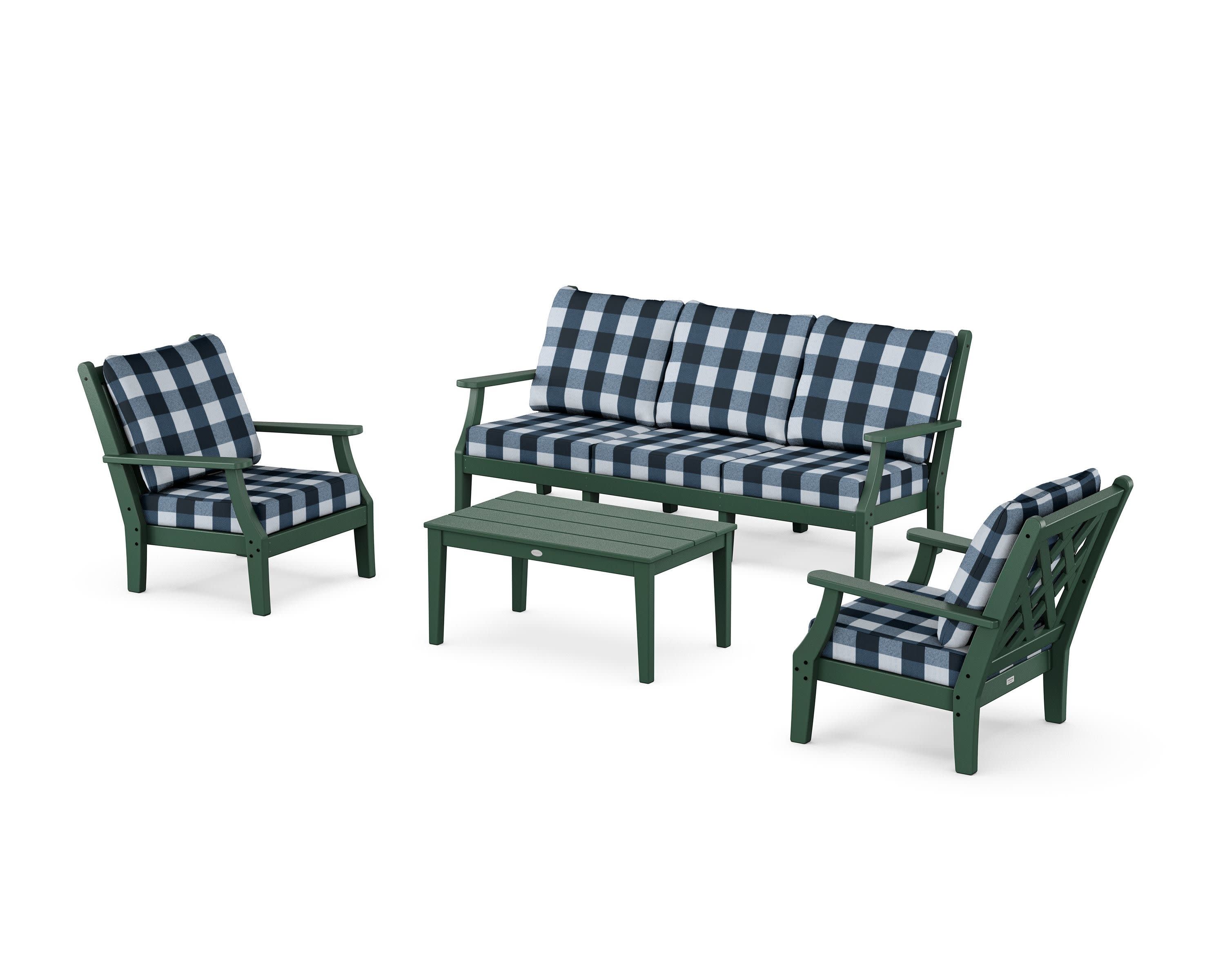 Wovendale 4-Piece Deep Seating Set with Sofa in Green / Buffalo Plaid Marine Indigo