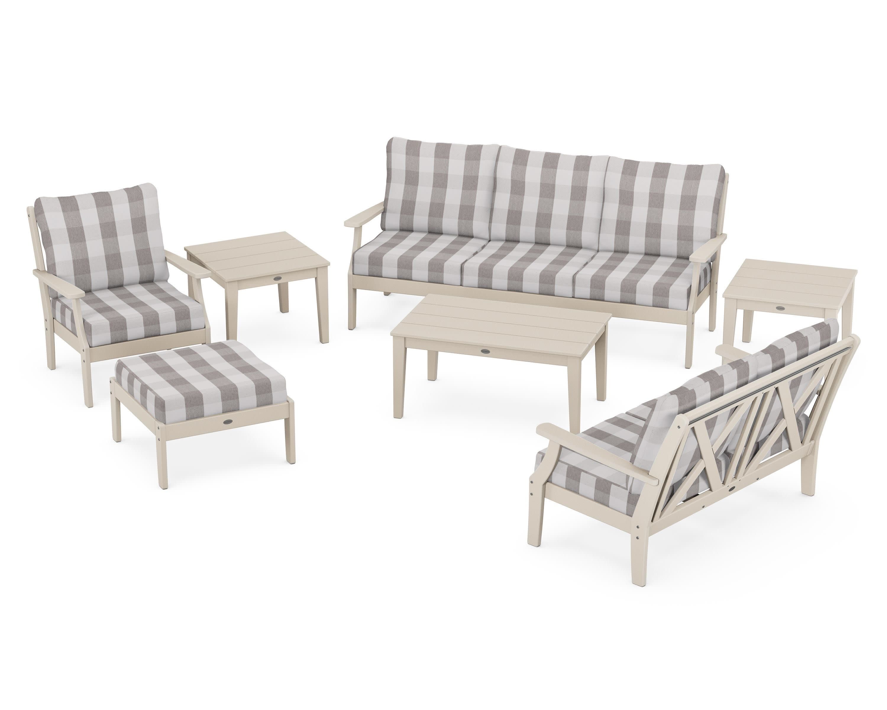 Braxton 7-Piece Deep Seating Set in Sand / Buffalo Plaid Grey Mist