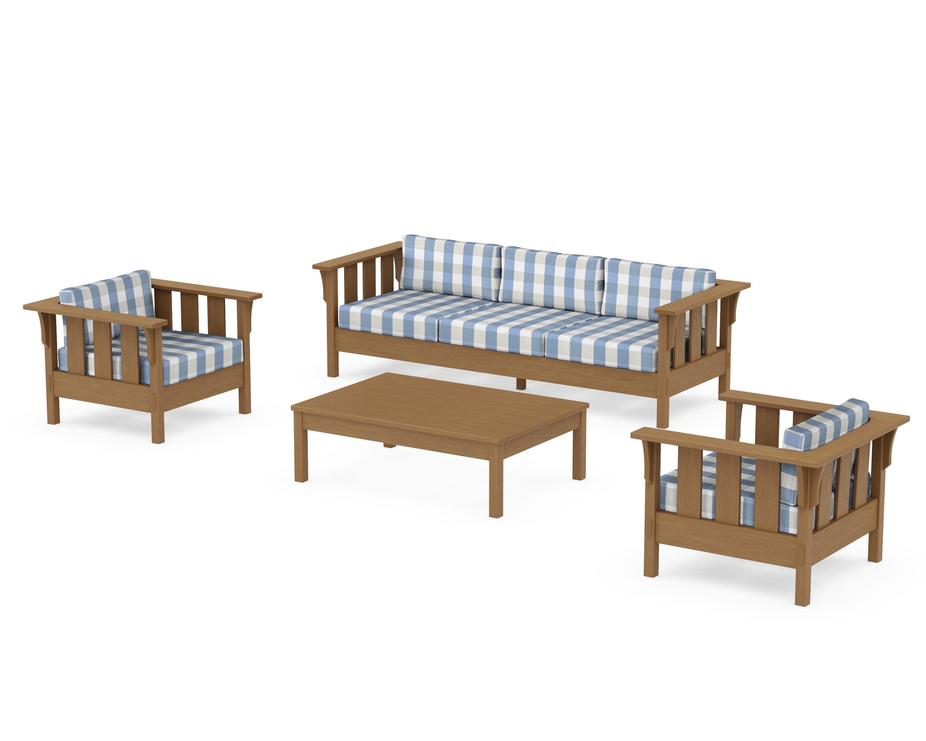 Acadia 4-Piece Deep Seating Set with Sofa in Natural / Buffalo Plaid Sky Blue