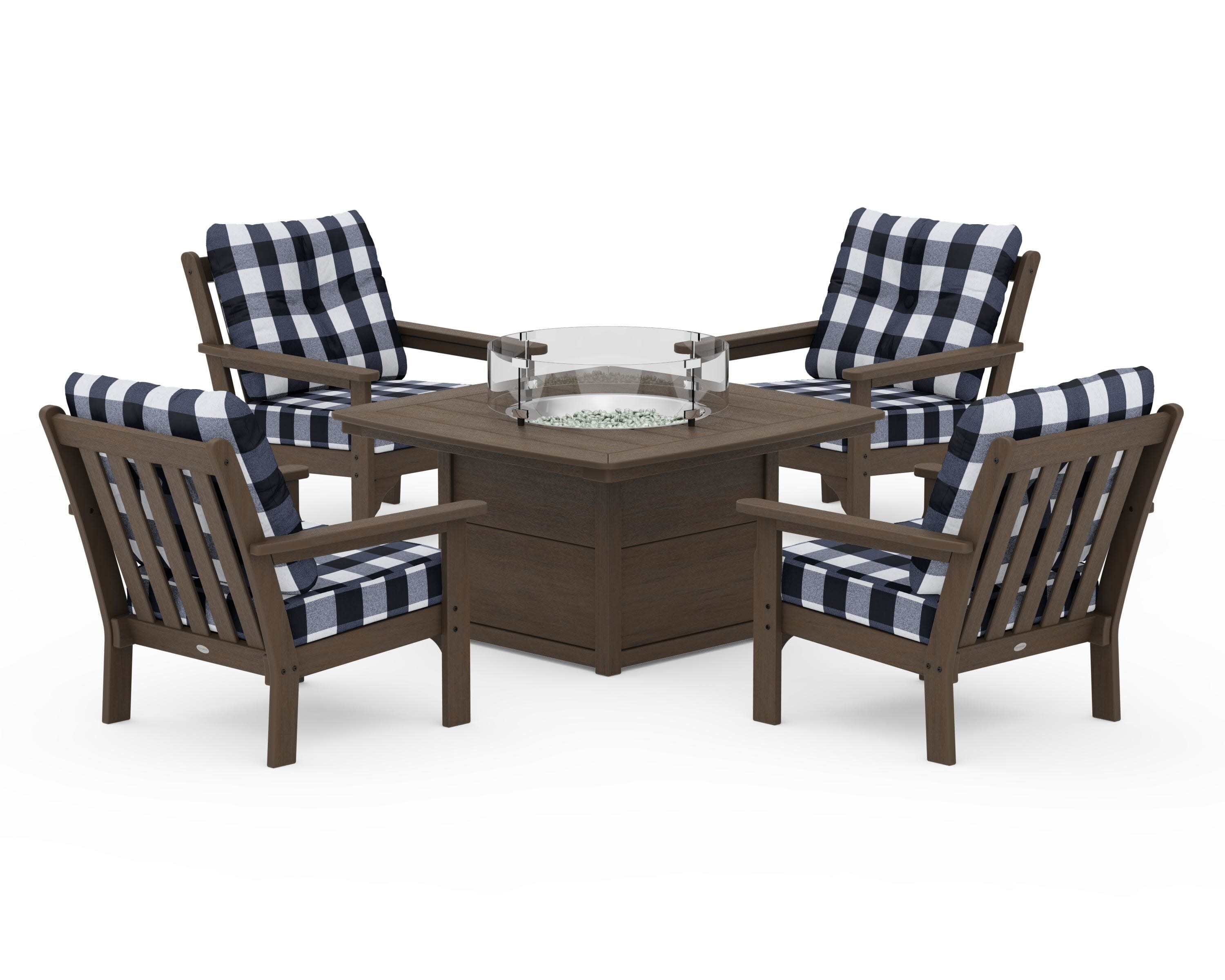 Vineyard 5-Piece Conversation Set with Fire Pit Table in Kona / Buffalo Plaid Marine Indigo