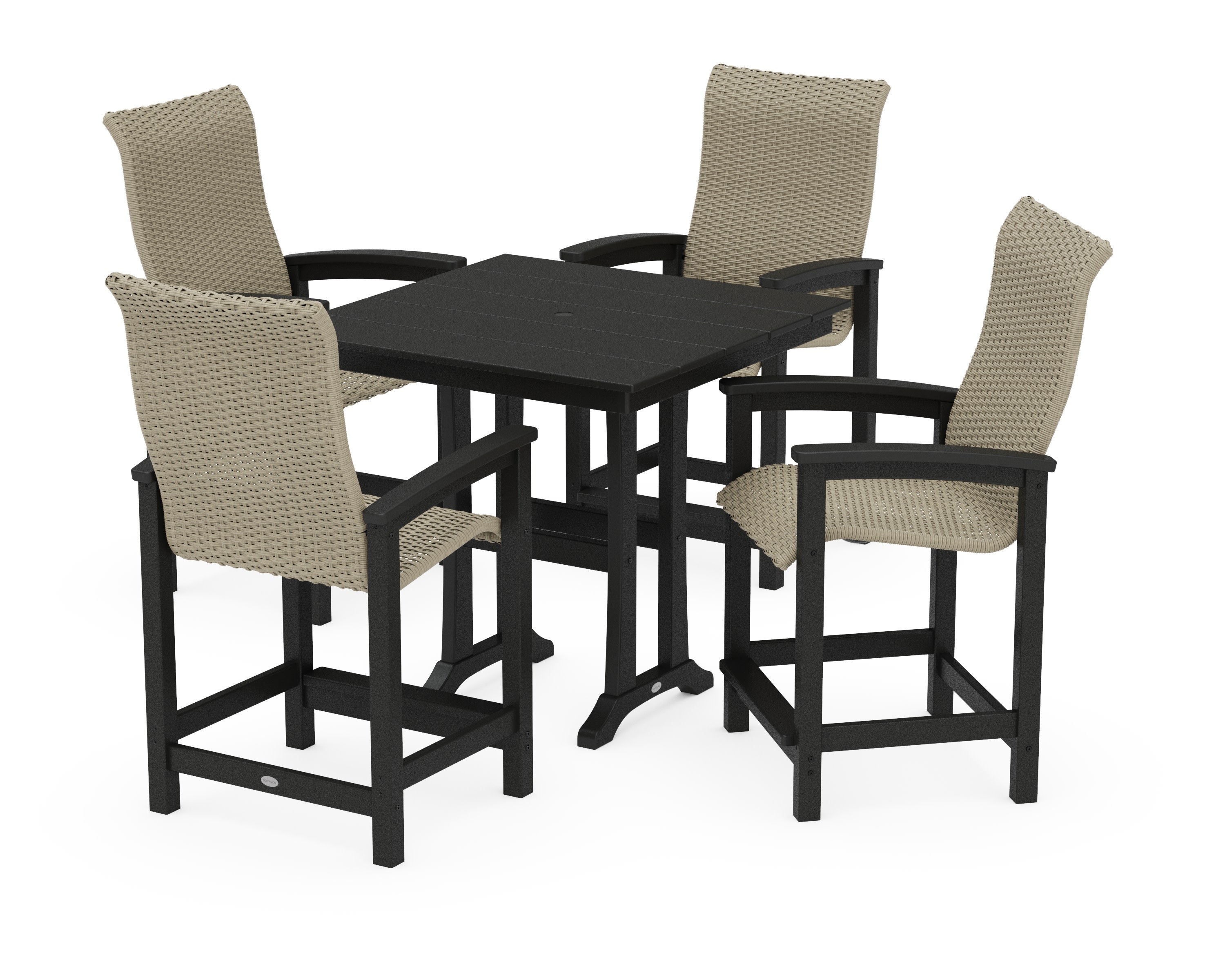 Coastal Woven High-Back 5-Piece Farmhouse Counter Set with Trestle Legs in Black / Dune Grass