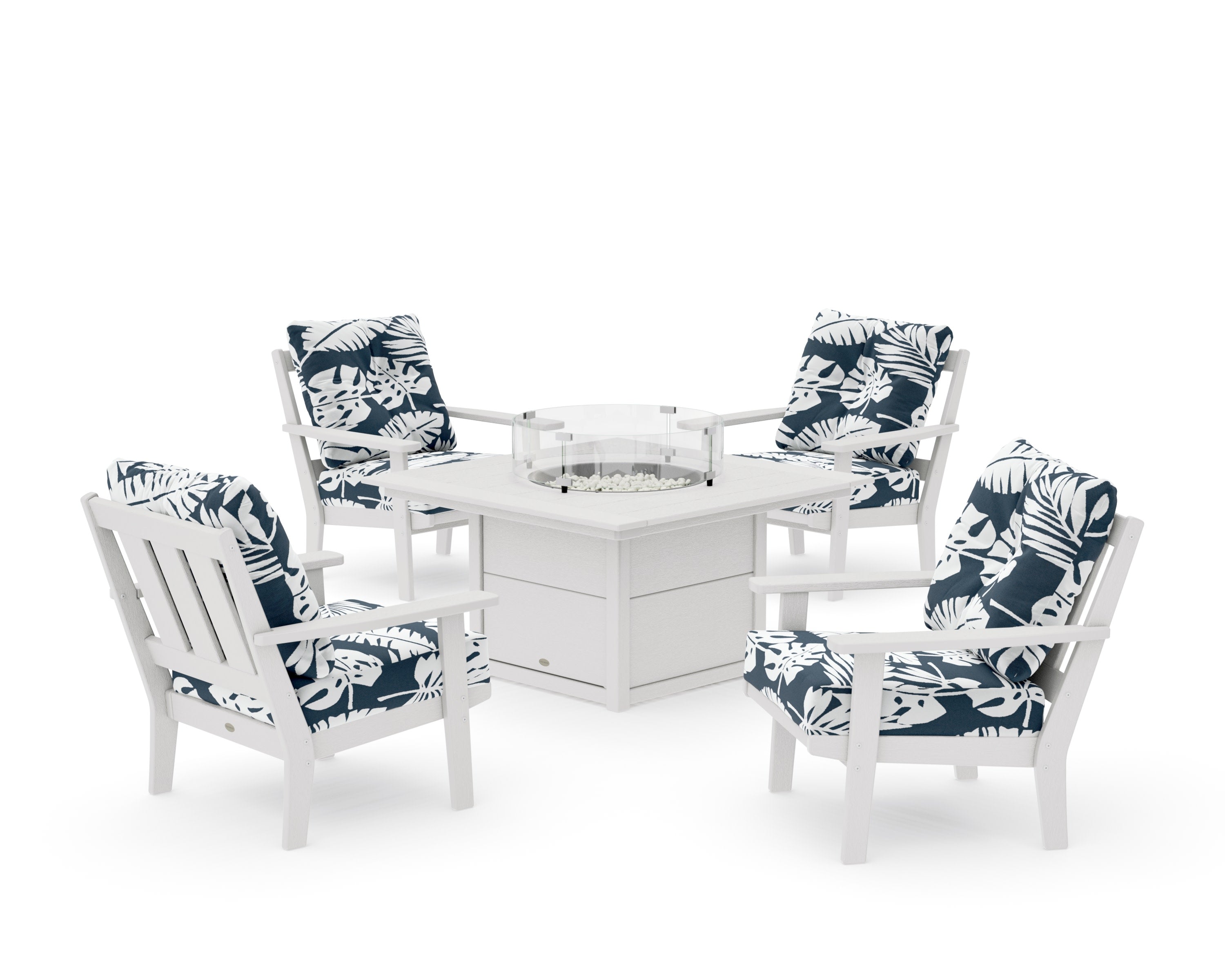 Oxford 5-Piece Deep Seating Set with Fire Pit Table in Vintage White / Leaf Marine Indigo
