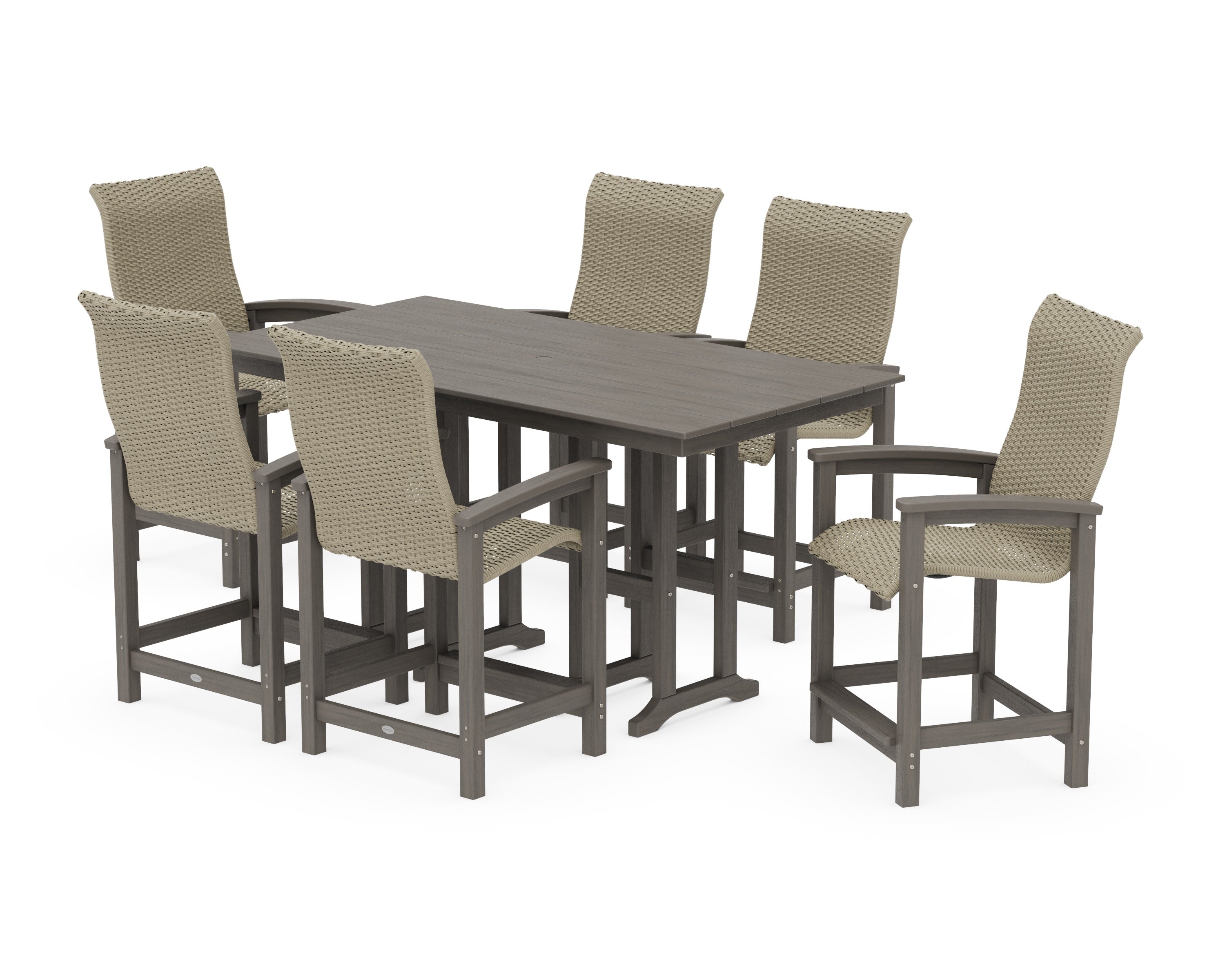 Coastal Woven High-Back Arm Chair 7-Piece Farmhouse Counter Set in Driftwood / Dune Grass