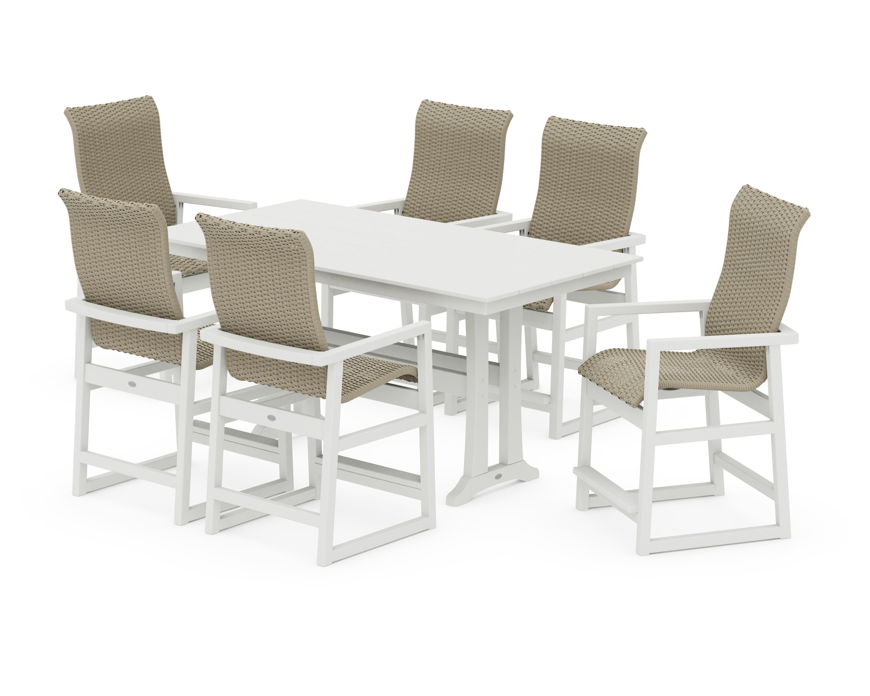 EDGE Woven Highback Arm Chair 7-Piece Farmhouse Counter Set with Trestle Legs in White / Dune Grass