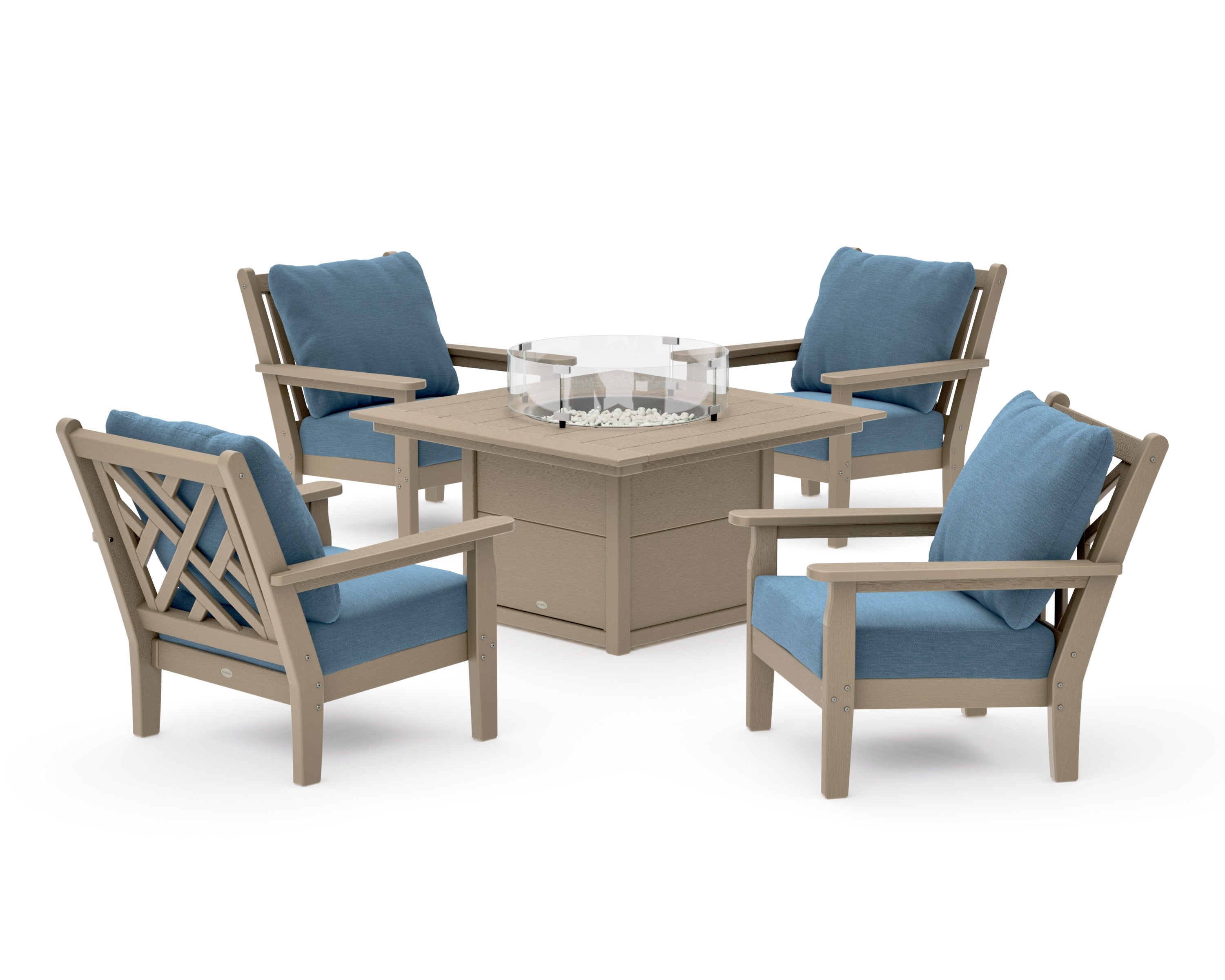 Chippendale 5-Piece Deep Seating Set with Fire Pit Table in Vintage Sahara / Sky Blue