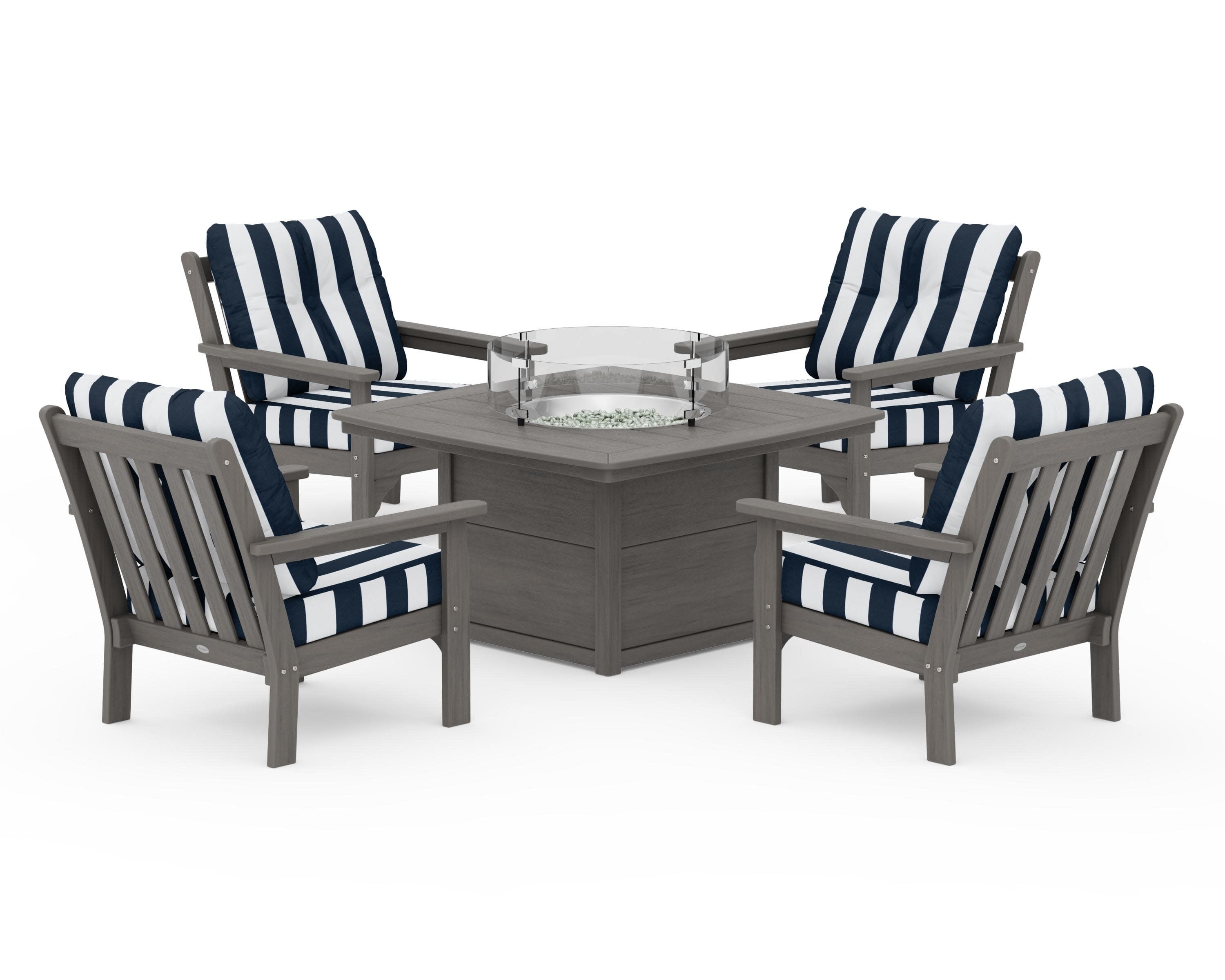 Vineyard 5-Piece Conversation Set with Fire Pit Table in Driftwood / Cabana Stripe Marine Indigo
