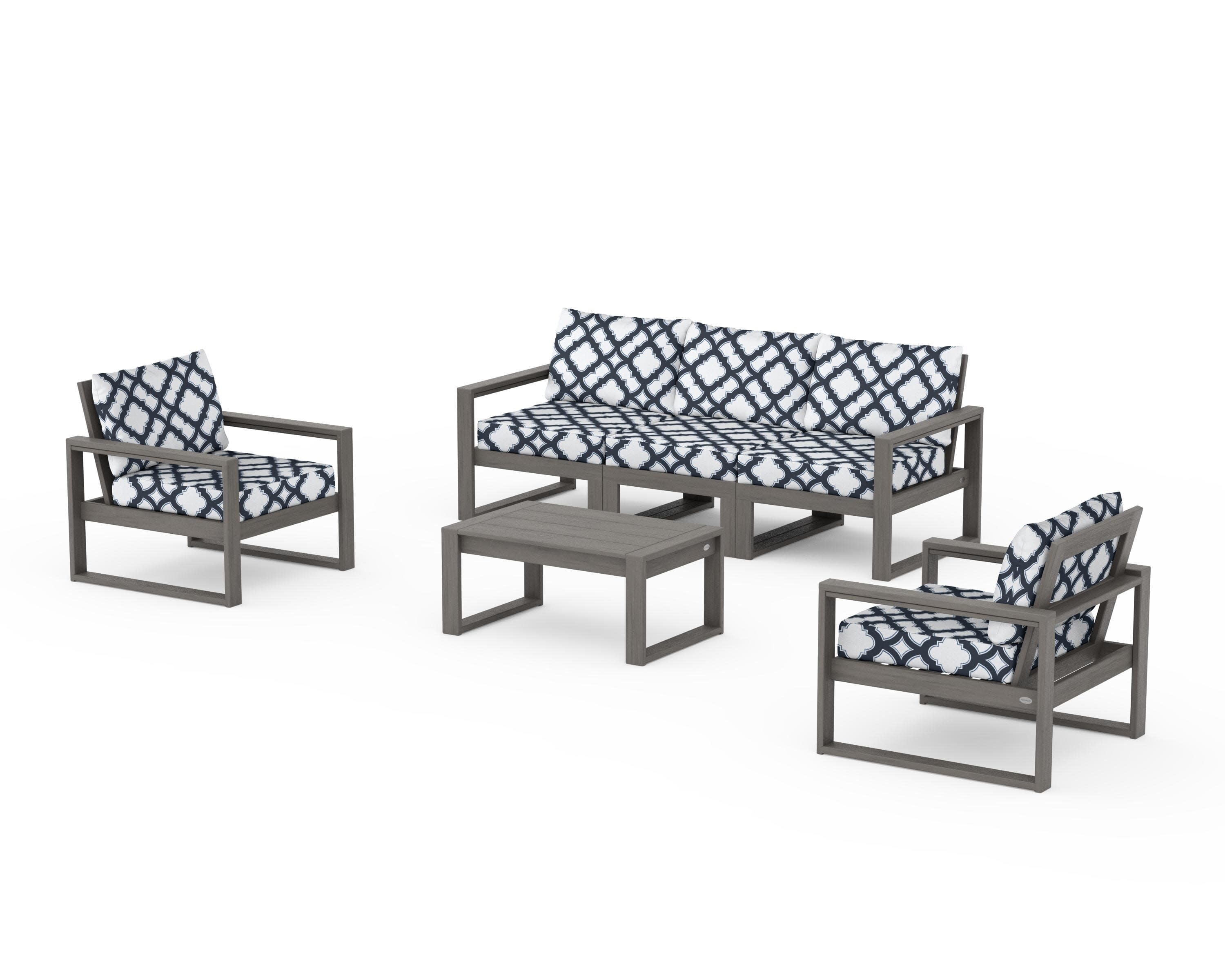 EDGE Sectional 4-Piece Deep Seating Set with Sofa in Driftwood / Trellis Marine Indigo