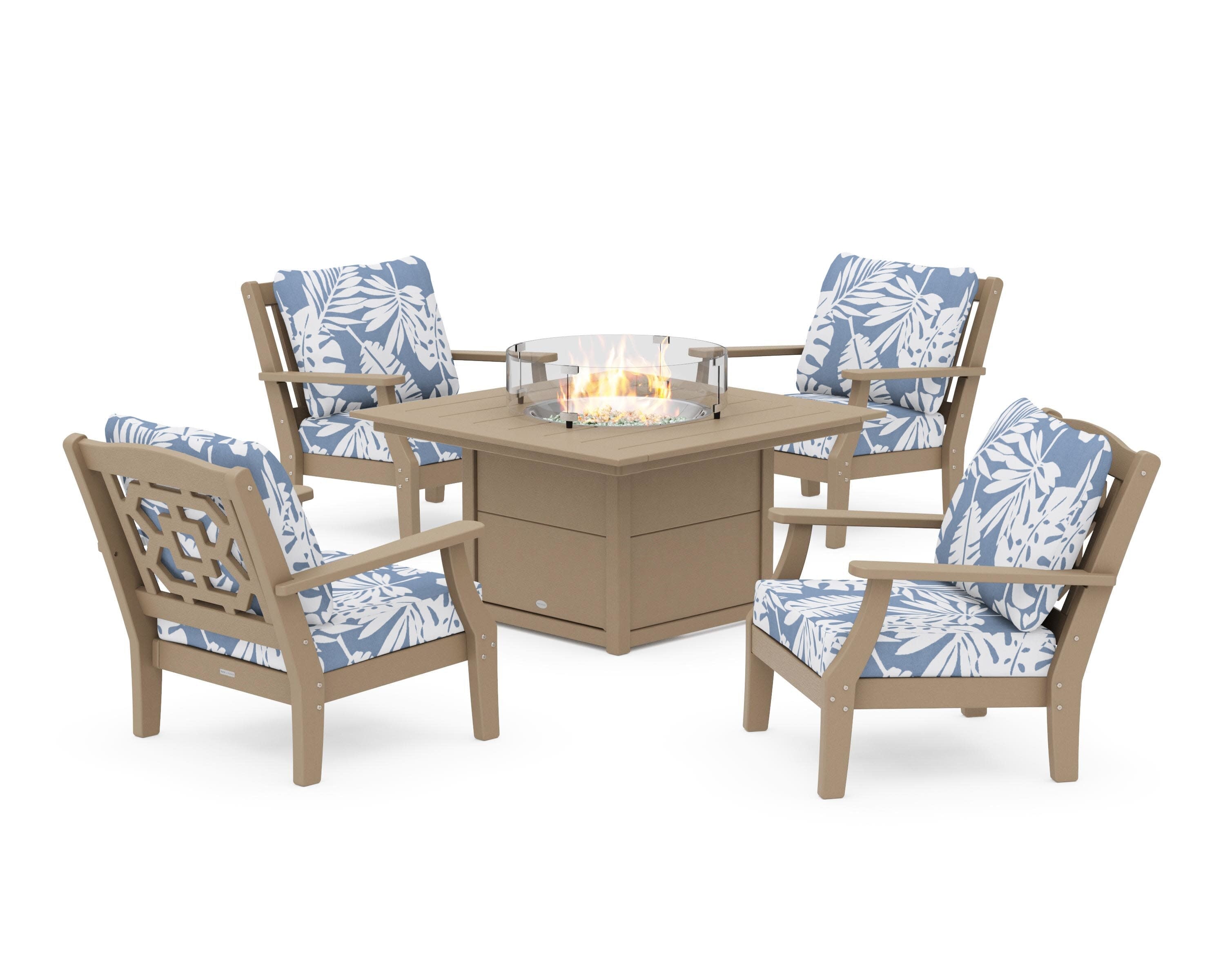 Chinoiserie 5-Piece Deep Seating Set with Fire Pit Table in Vintage Sahara / Leaf Sky Blue