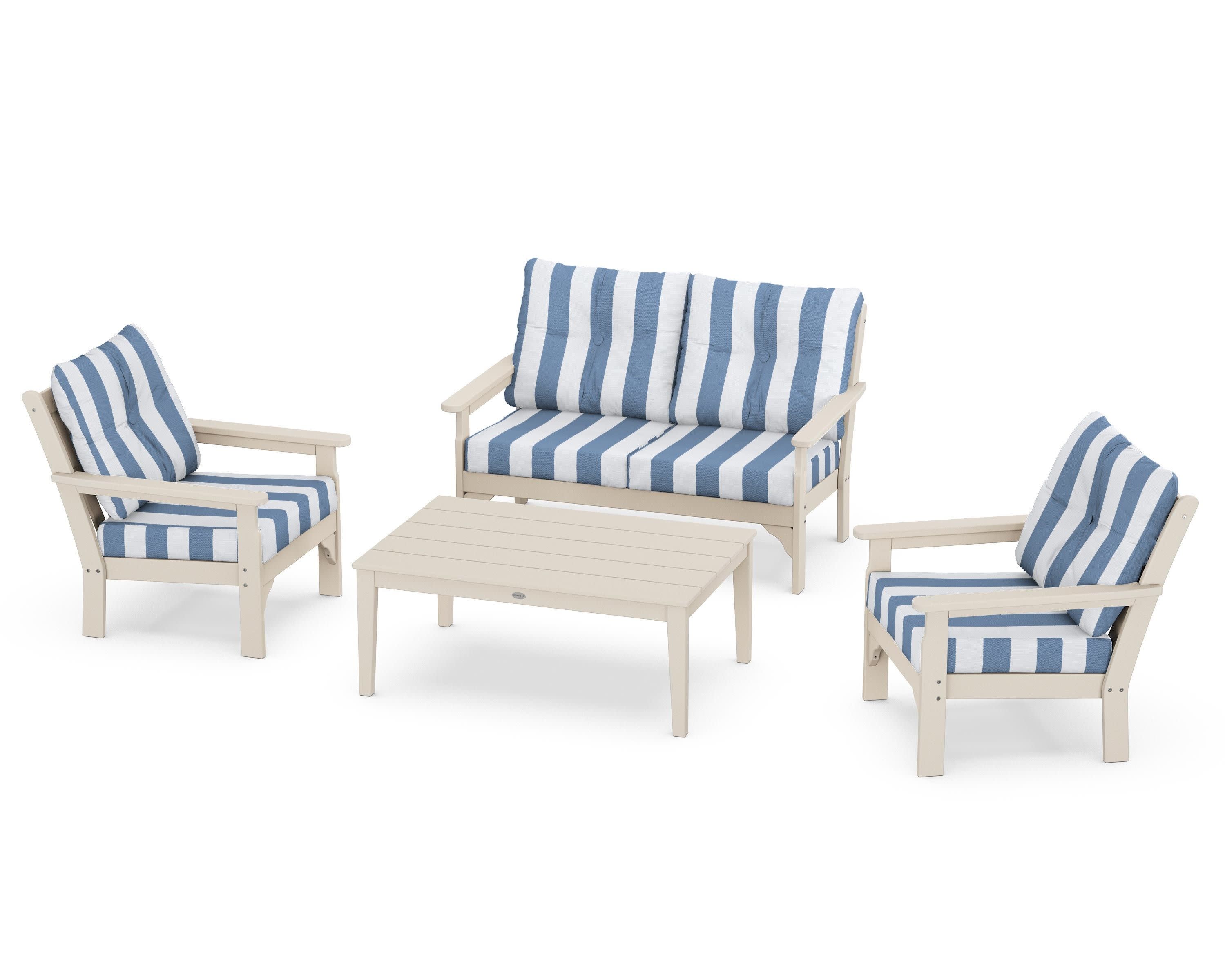 Vineyard 4-Piece Deep Seating Set in Sand / Cabana Stripe Sky Blue
