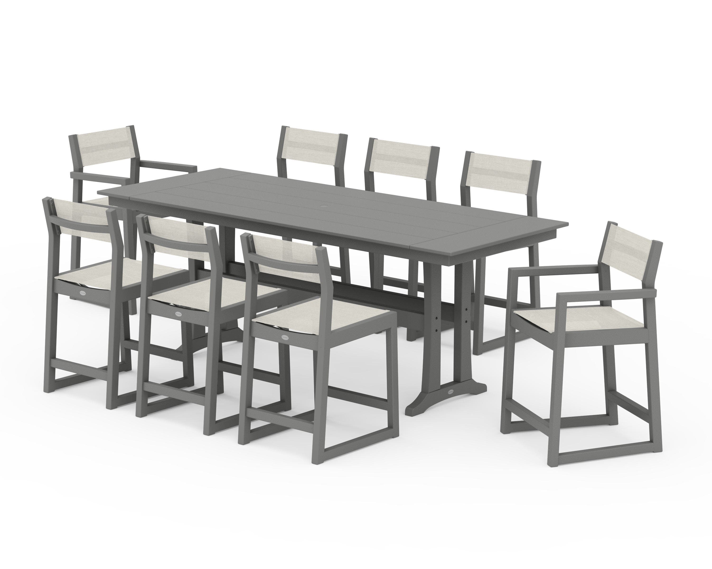 EDGE Sling 9-Piece Farmhouse Counter Set with Trestle Legs in Slate Grey / Parchment Sling