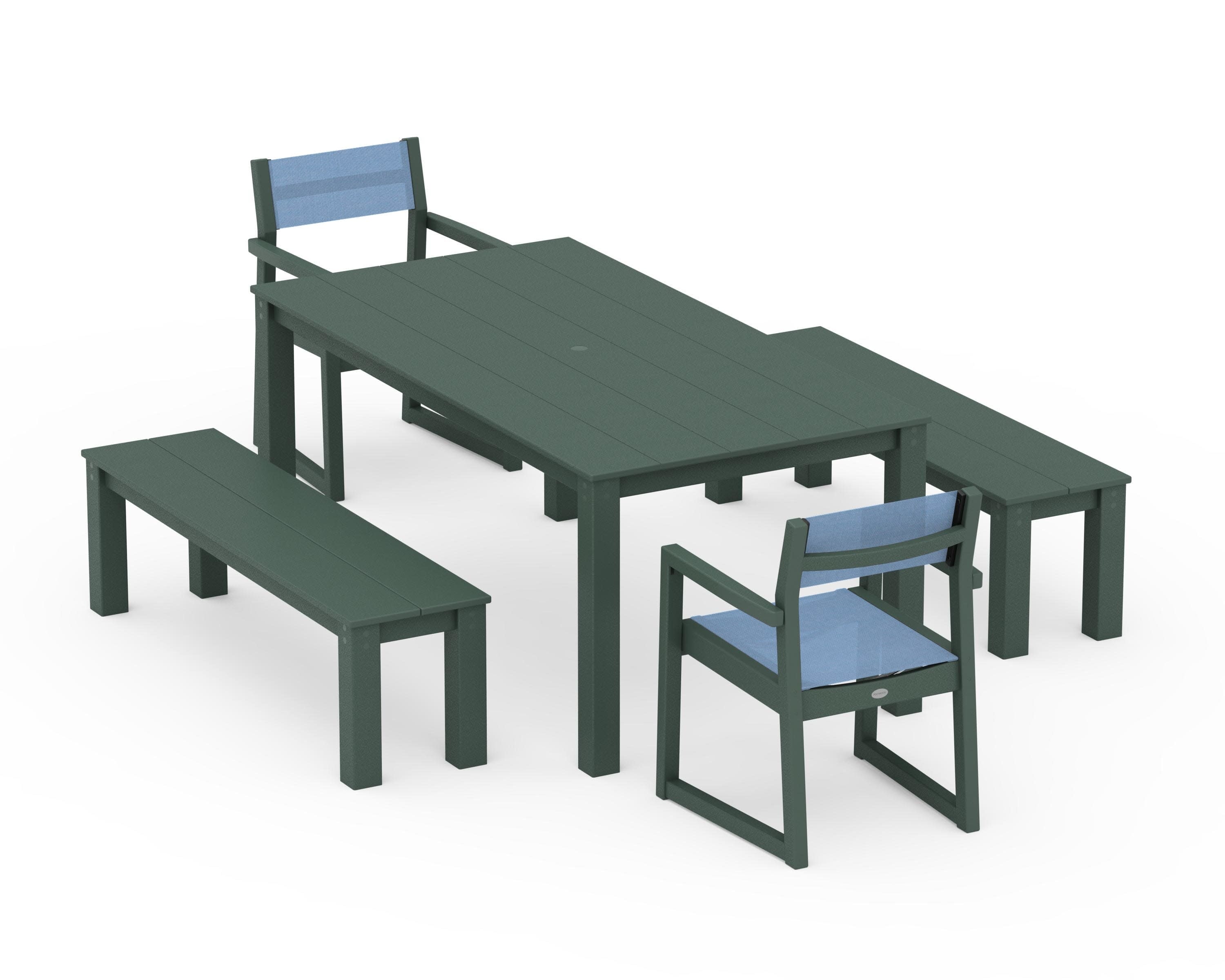 EDGE Sling Arm Chair 5-Piece Parsons Dining Set with Benches in Green / Poolside Sling