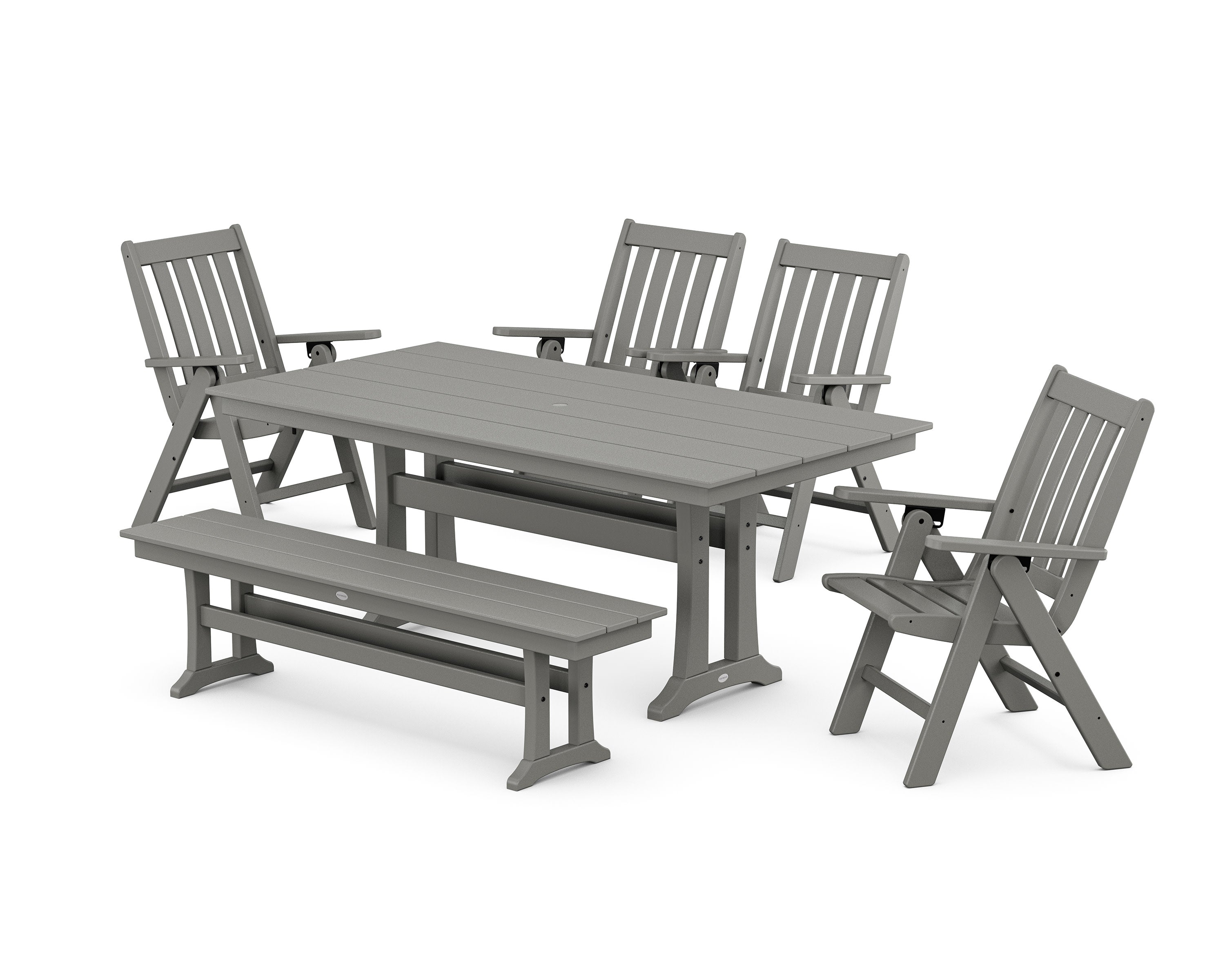 Vineyard 6-Piece Folding Chair Farmhouse Dining Set with Trestle Legs and Bench in Slate Grey