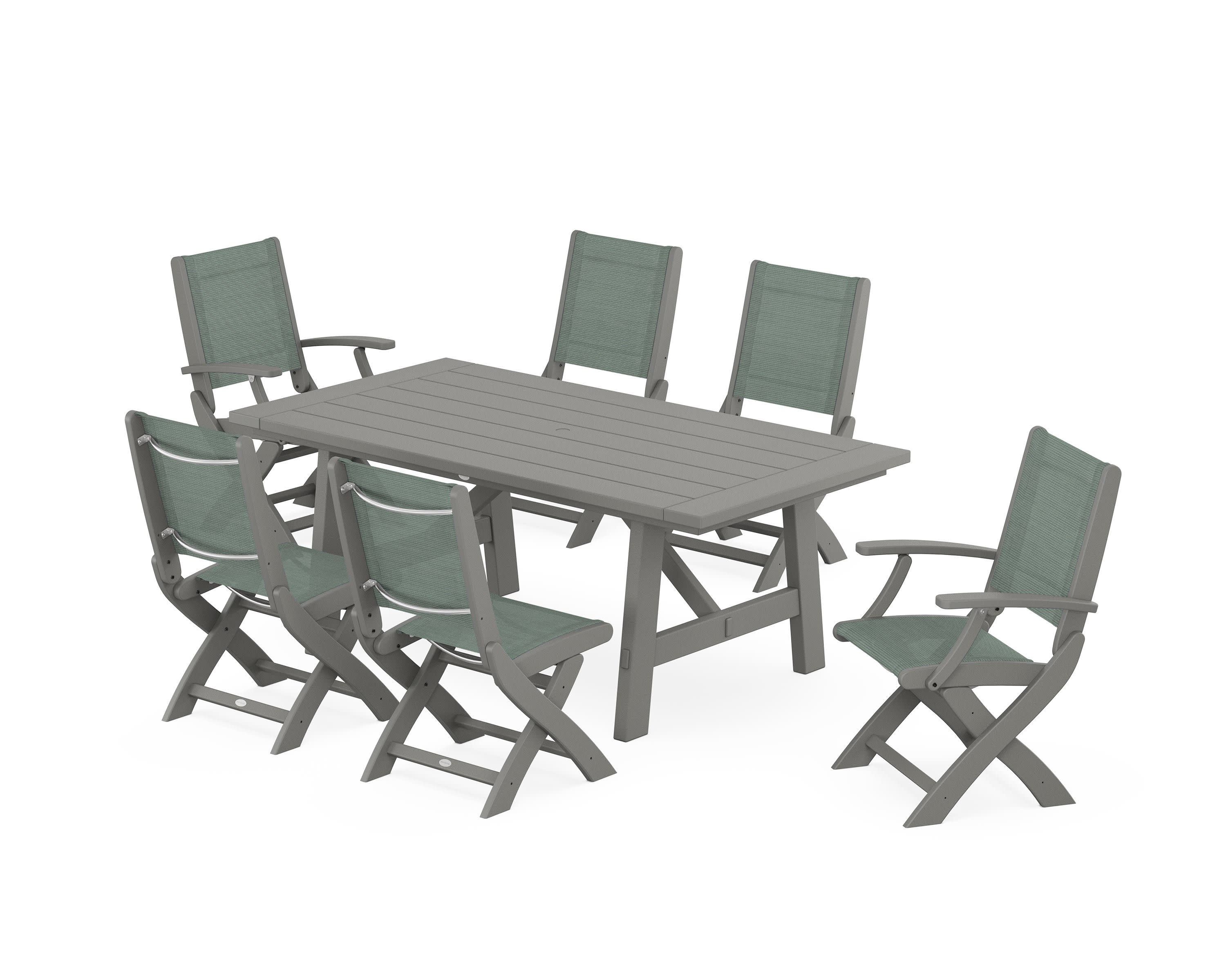 Coastal Folding Chair 7-Piece Rustic Farmhouse Dining Set in Slate Grey / Dupioni Sea Mist Sling