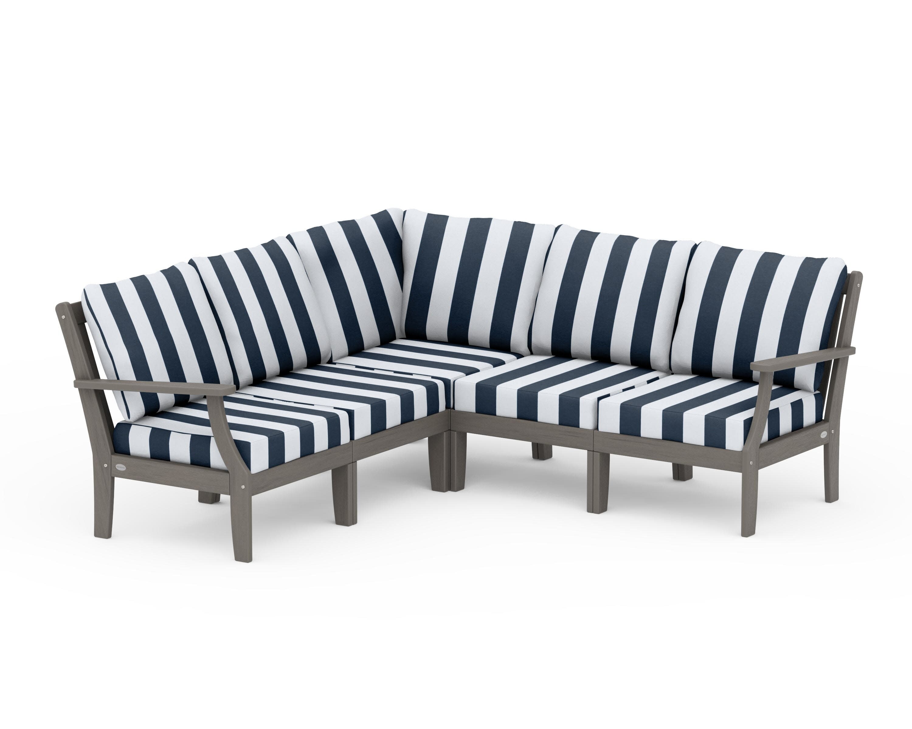 Braxton Modular 5-Piece Deep Seating Set in Driftwood / Cabana Stripe Marine Indigo