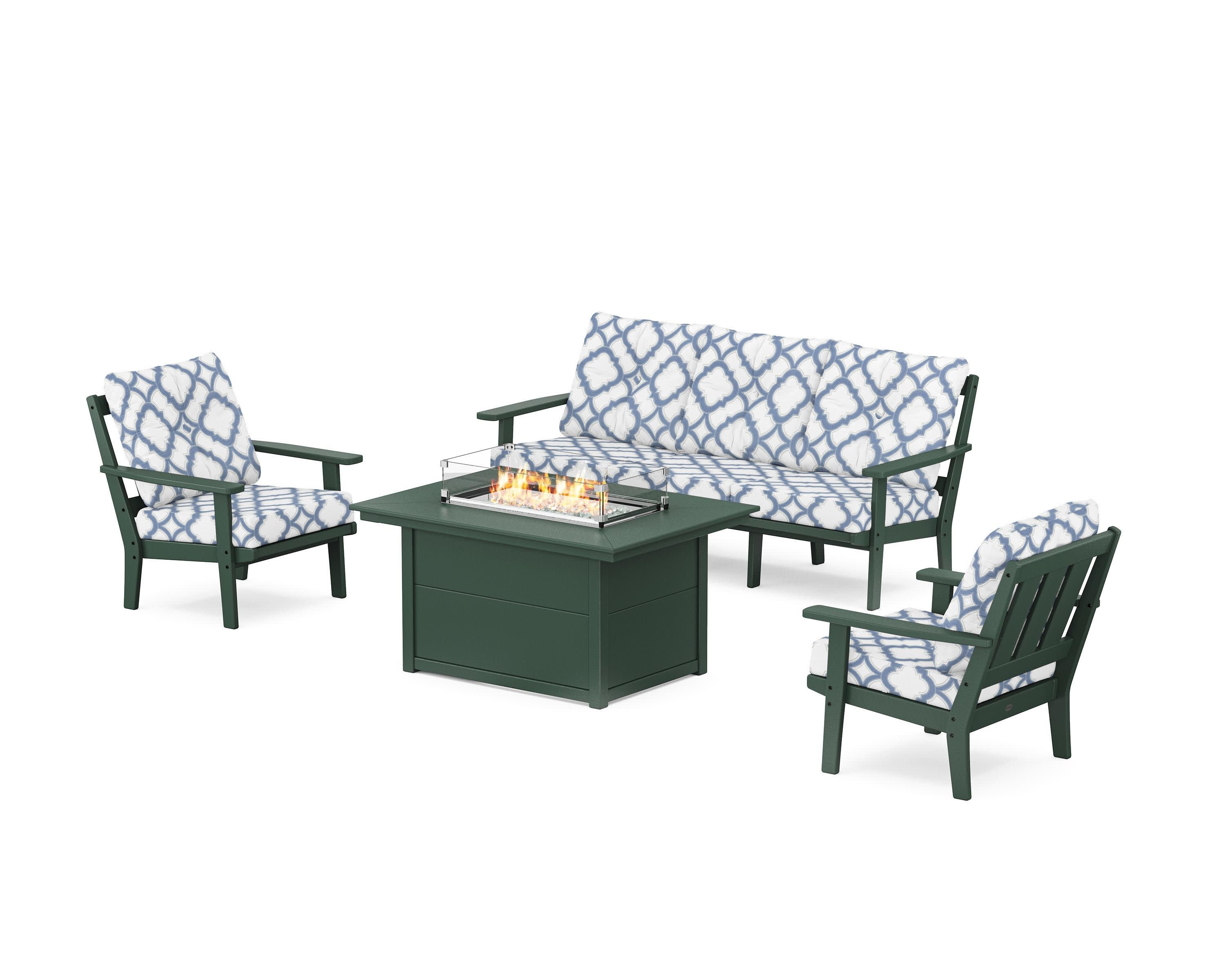 Oxford Deep Seating Fire Pit Table Set in Green / Trellis Sky Blue