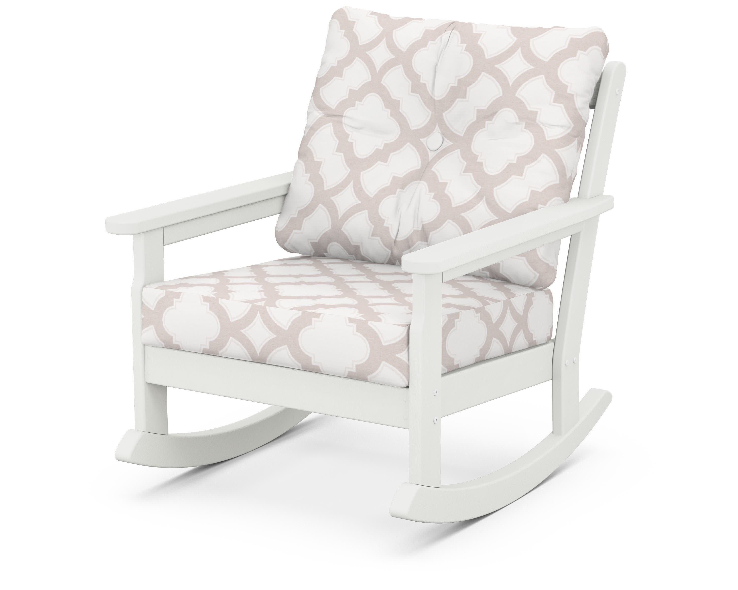 Vineyard Deep Seating Rocking Chair in Vintage White / Trellis Dune Burlap