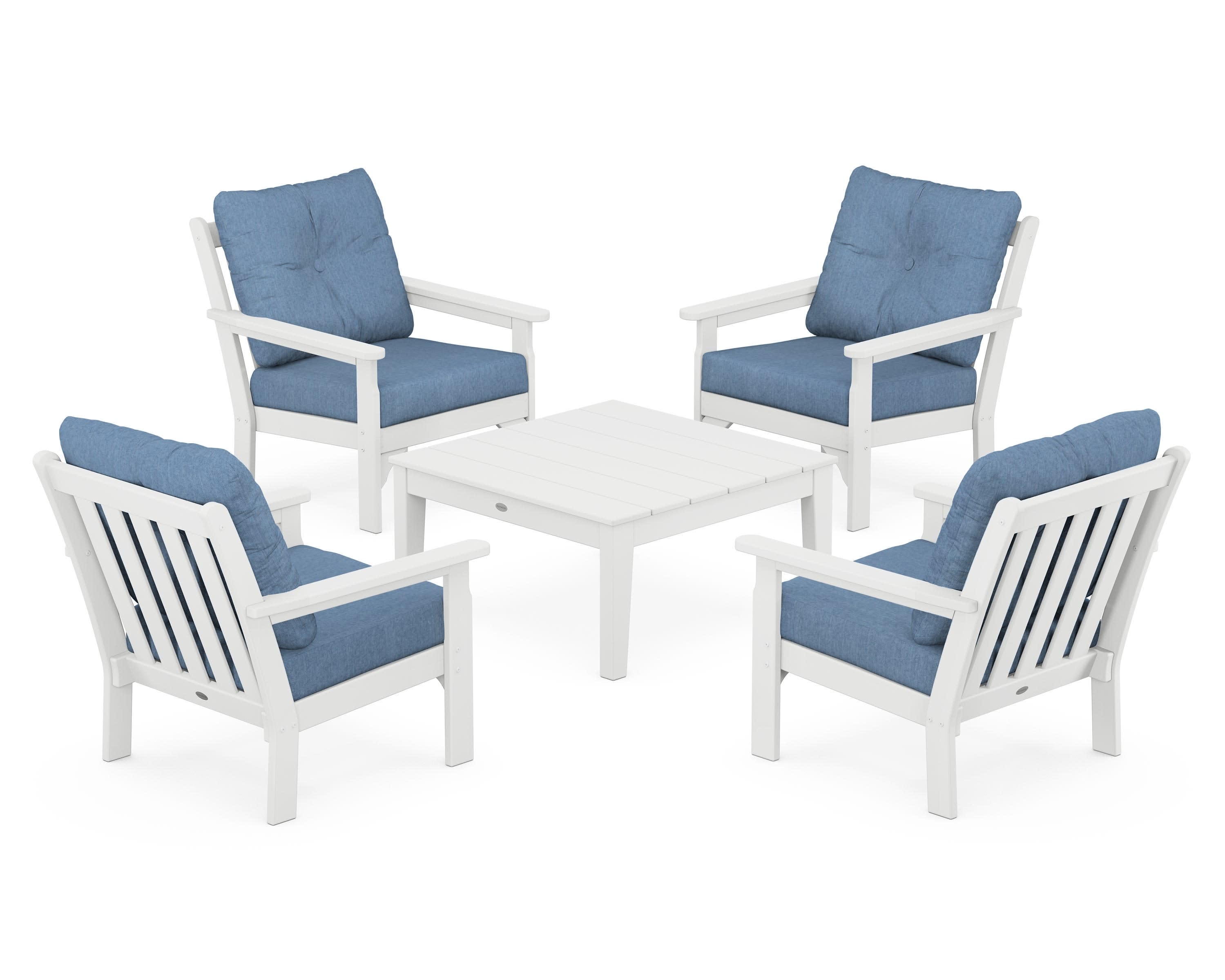 Vineyard 5-Piece Deep Seating Conversation Set in White / Sky Blue