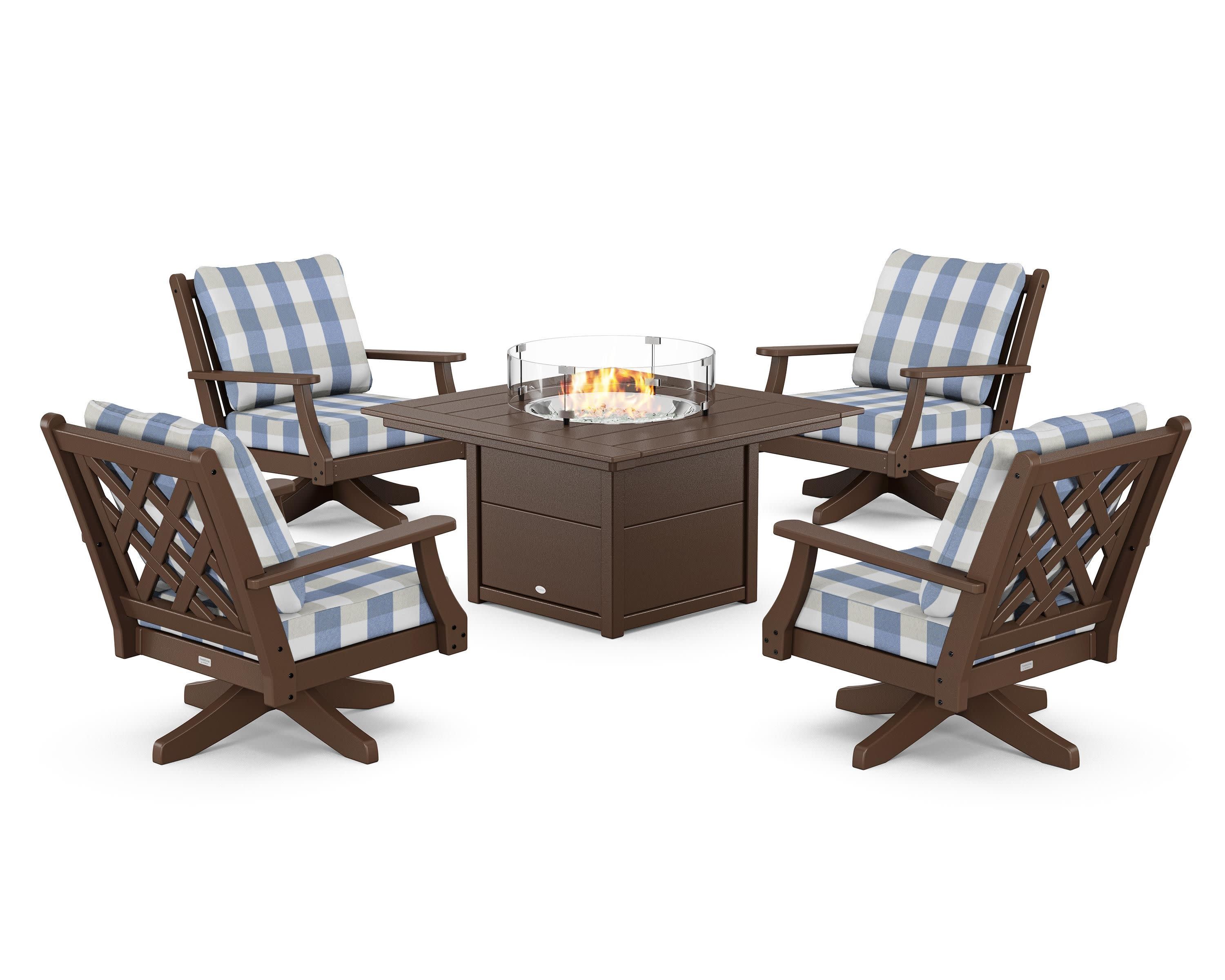 Wovendale 5-Piece Deep Seating Swivel Conversation Set with Fire Pit Table in Mahogany / Buffalo Plaid Sky Blue